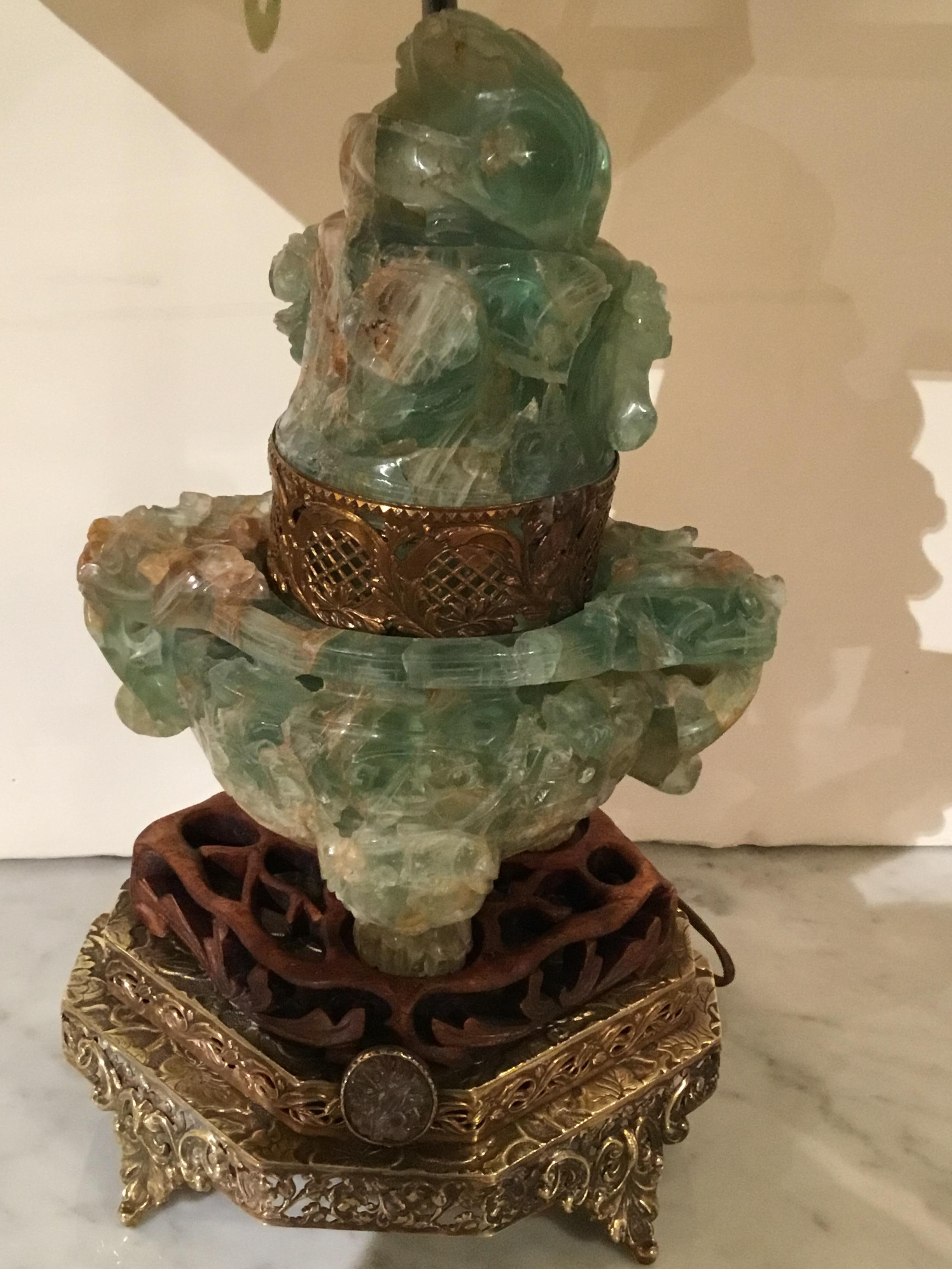 Hand-Carved Jade and Nephrite Carved Hard Stone Translucent Lamp on Reticulated Bronze Base