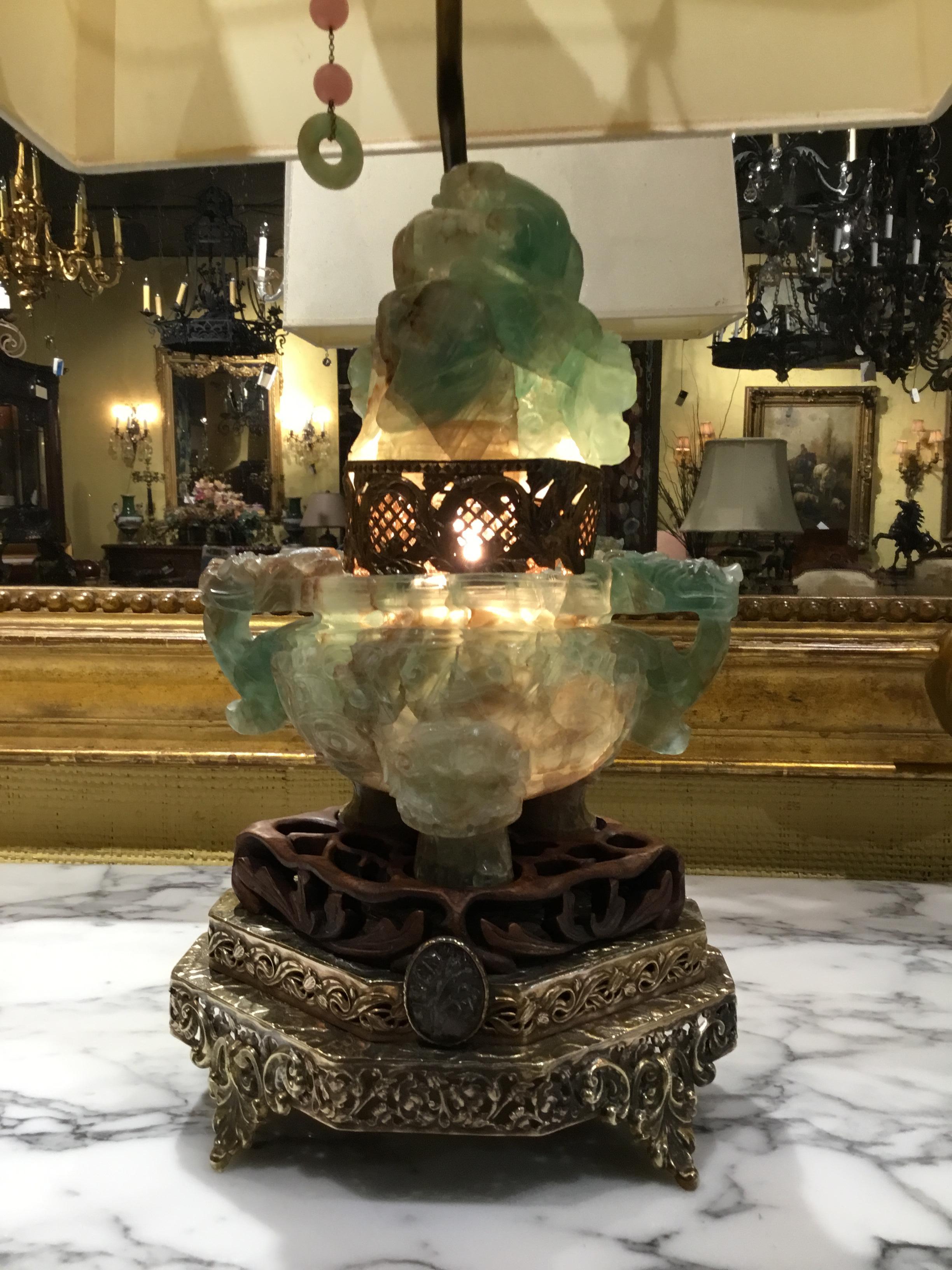 Jade and Nephrite Carved Hard Stone Translucent Lamp on Reticulated Bronze Base In Good Condition In Houston, TX