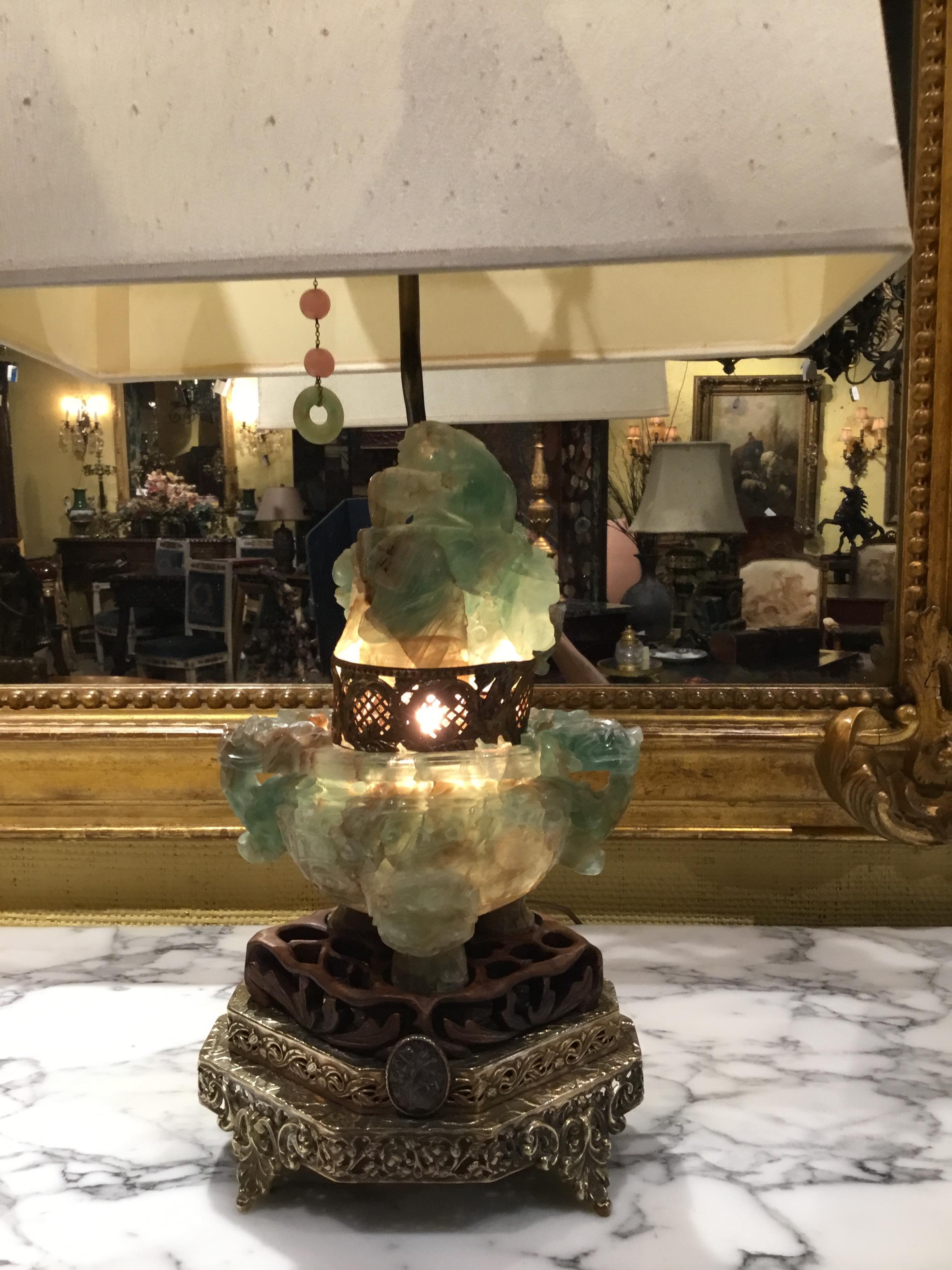 20th Century Jade and Nephrite Carved Hard Stone Translucent Lamp on Reticulated Bronze Base