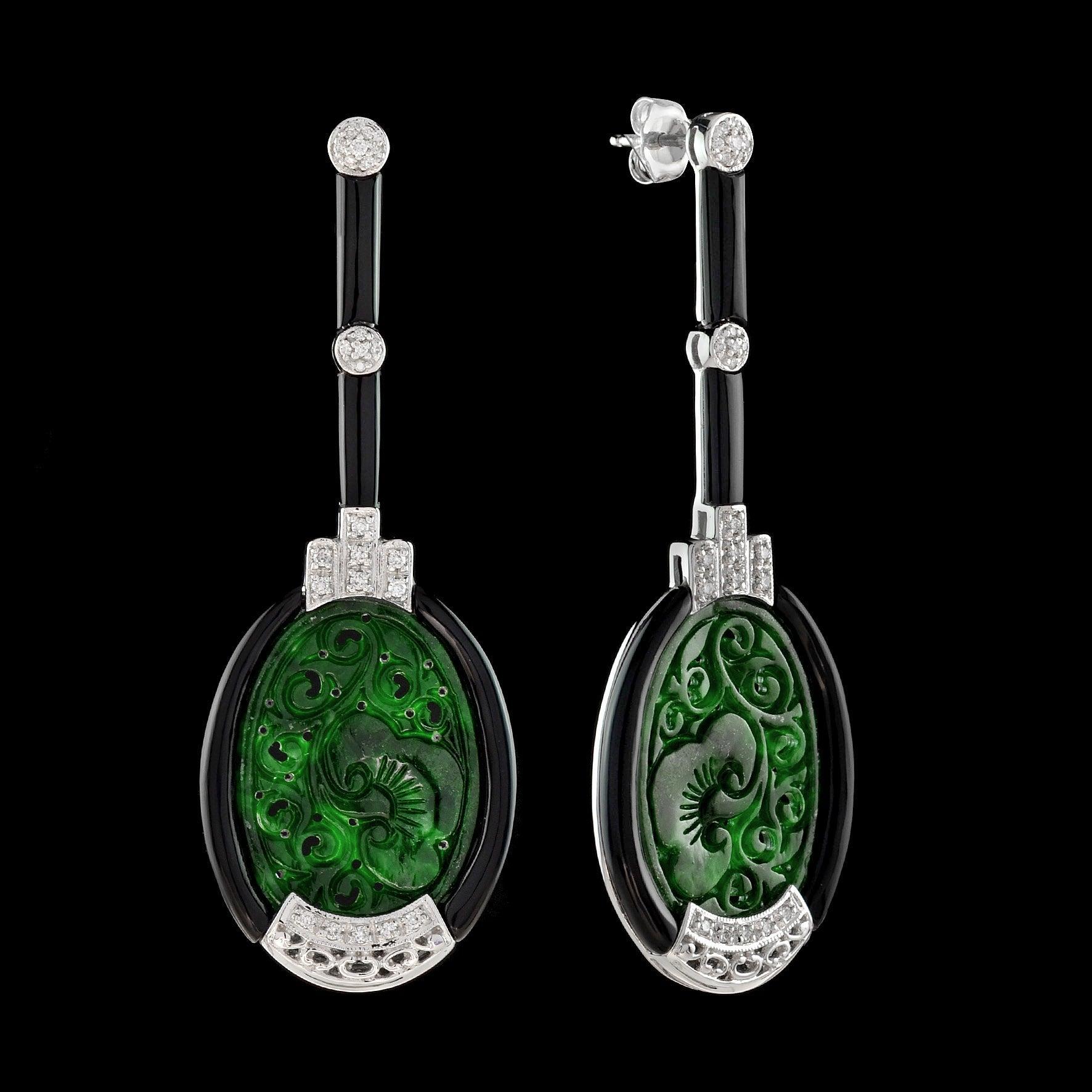 Modern Jade and Onyx Dangle Earrings For Sale