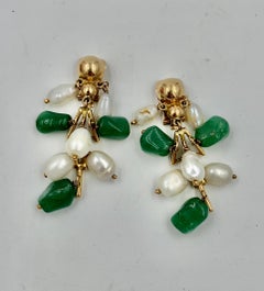 Jade and Pearl Drop Dangle Earrings in 14K Yellow Gold, Retro Style 2"