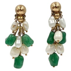 Jade and Pearl Drop Dangle Earrings in 14K Yellow Gold, Retro Style 2"