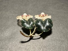 Jade And Rock Crystal 14K Gold Floral Form Pin Brooch
