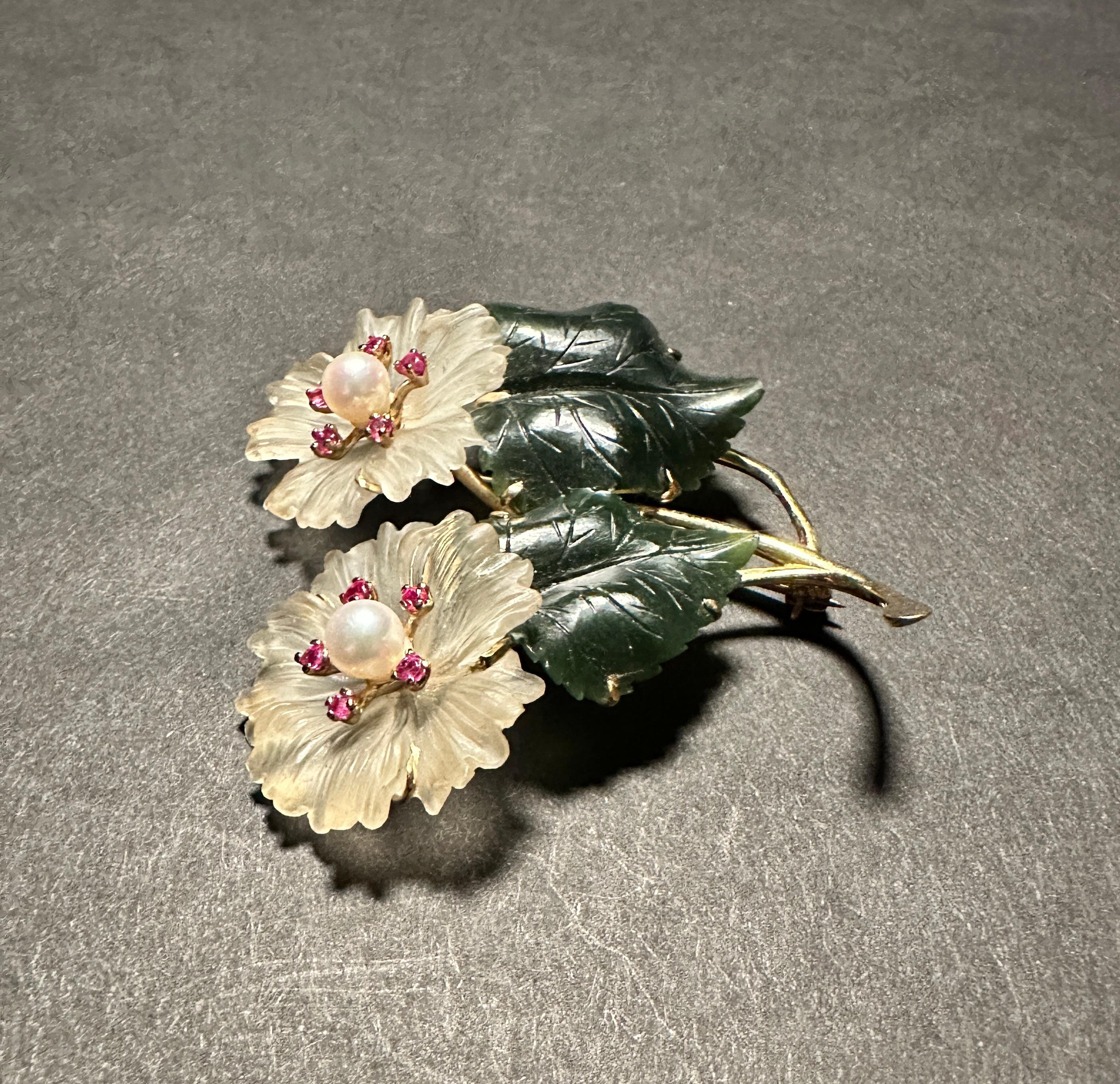 Hand-Carved Jade And Rock Crystal 14K Gold Floral Form Pin Brooch For Sale