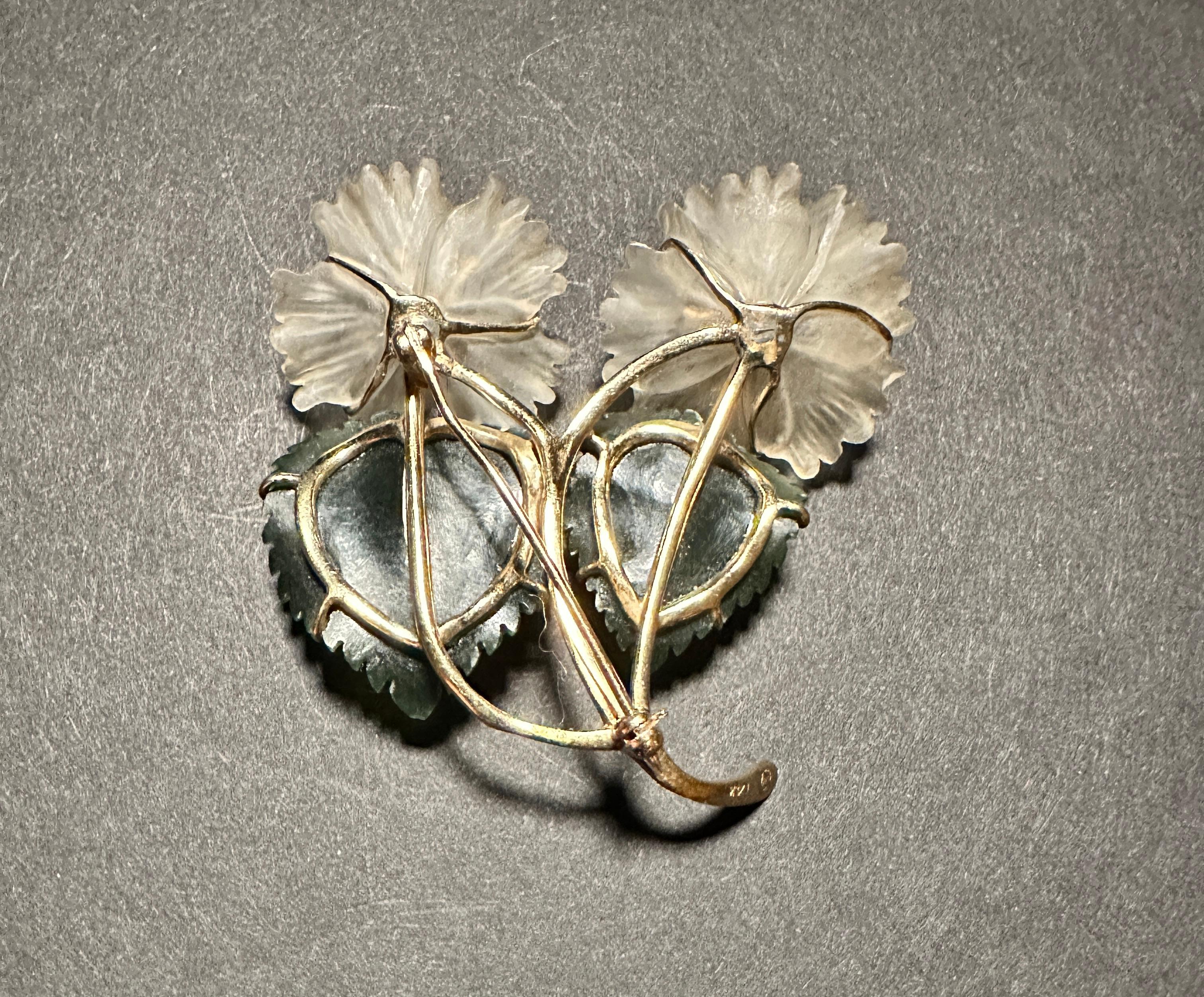 20th Century Jade And Rock Crystal 14K Gold Floral Form Pin Brooch For Sale