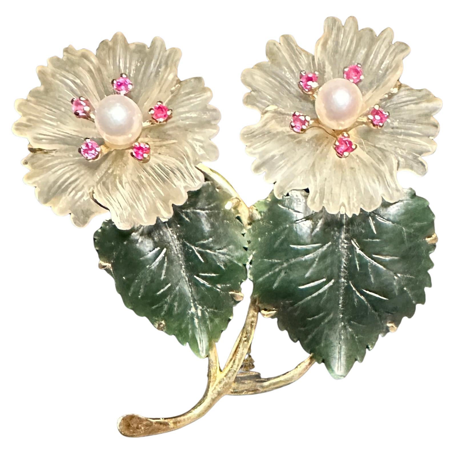 Jade And Rock Crystal 14K Gold Floral Form Pin Brooch