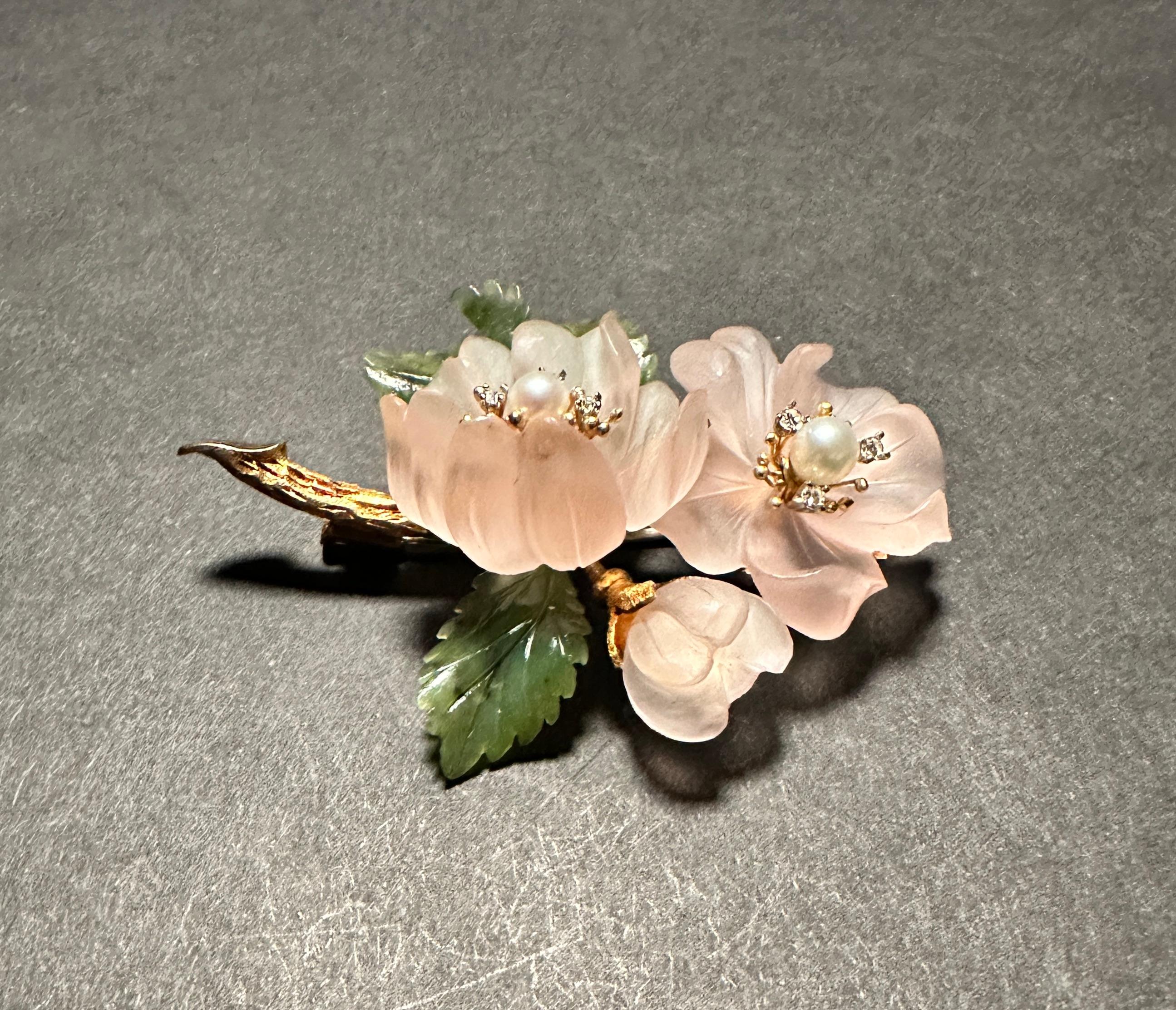 Austrian Jade And Rose Quartz 18K Floral Form Brooch For Sale