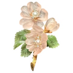 Broche Forma Floral Jade Y Cuarzo Rosa 18K