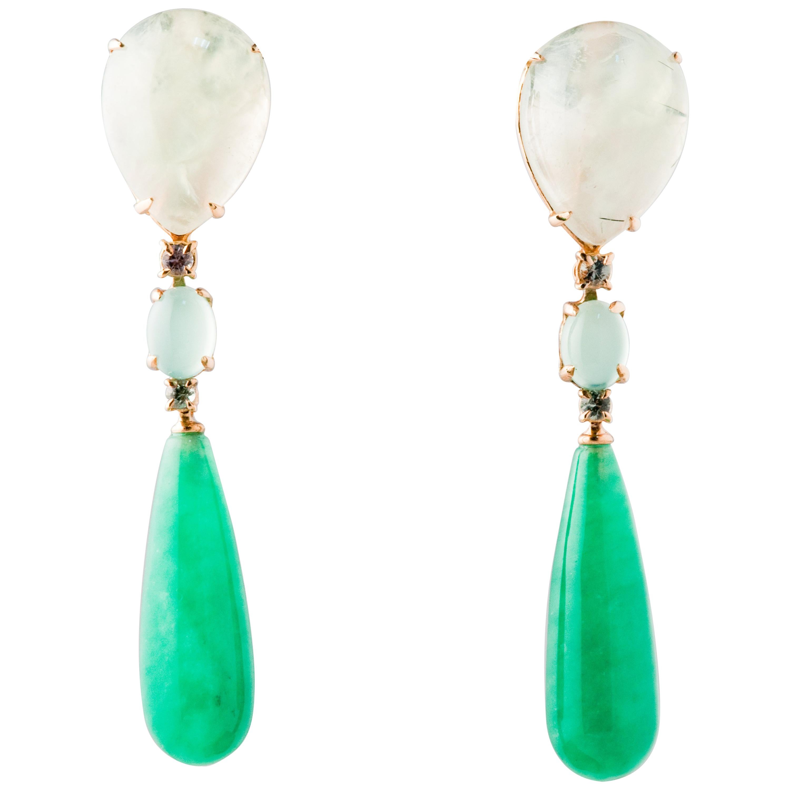 Jade and Sapphire Prinite Green Chandelier Earring with Yellow Gold 18 Carat