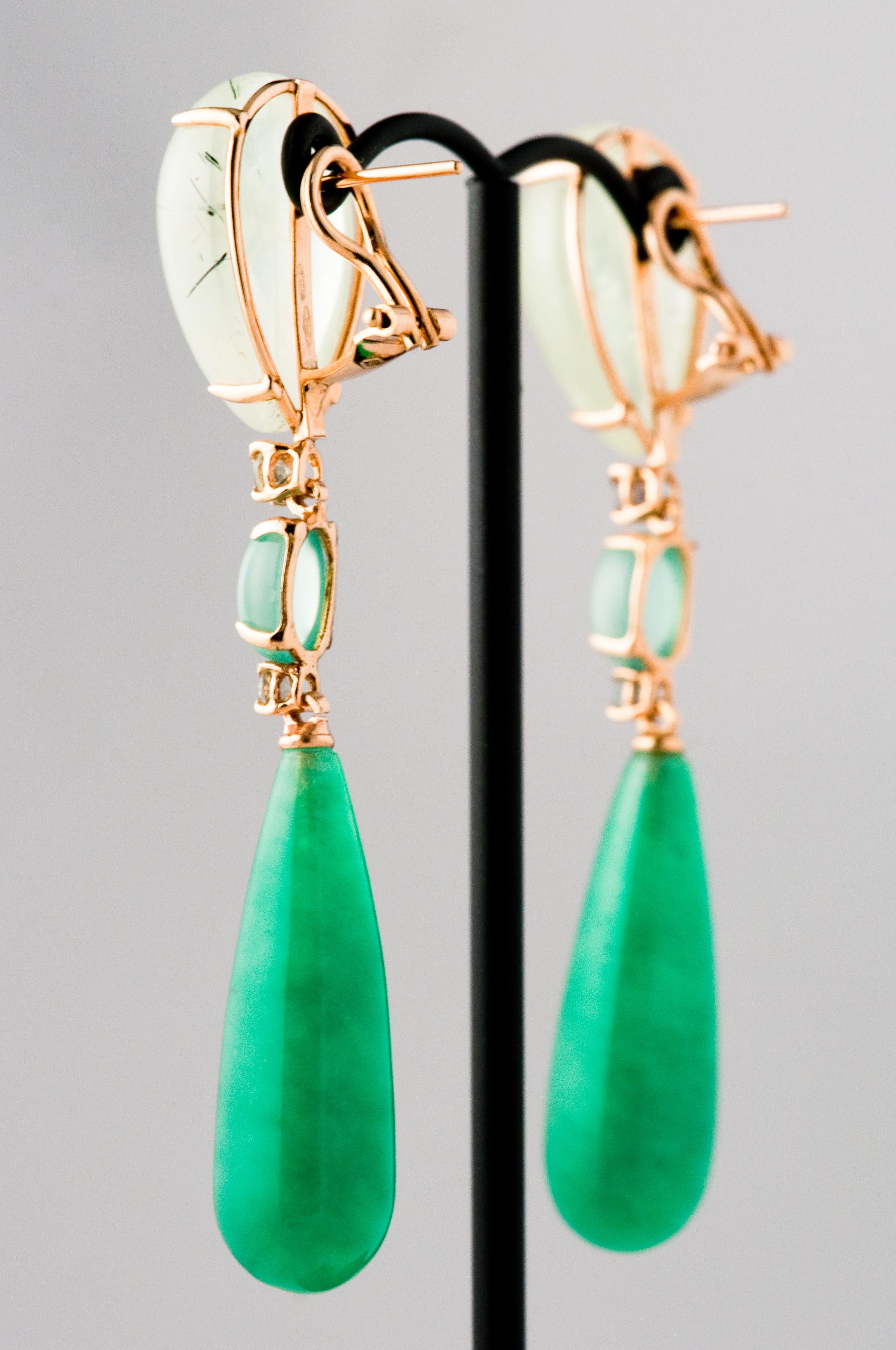 Women's Jade and Sapphire Prinite Green Chandelier Earring with Yellow Gold 18 Carat