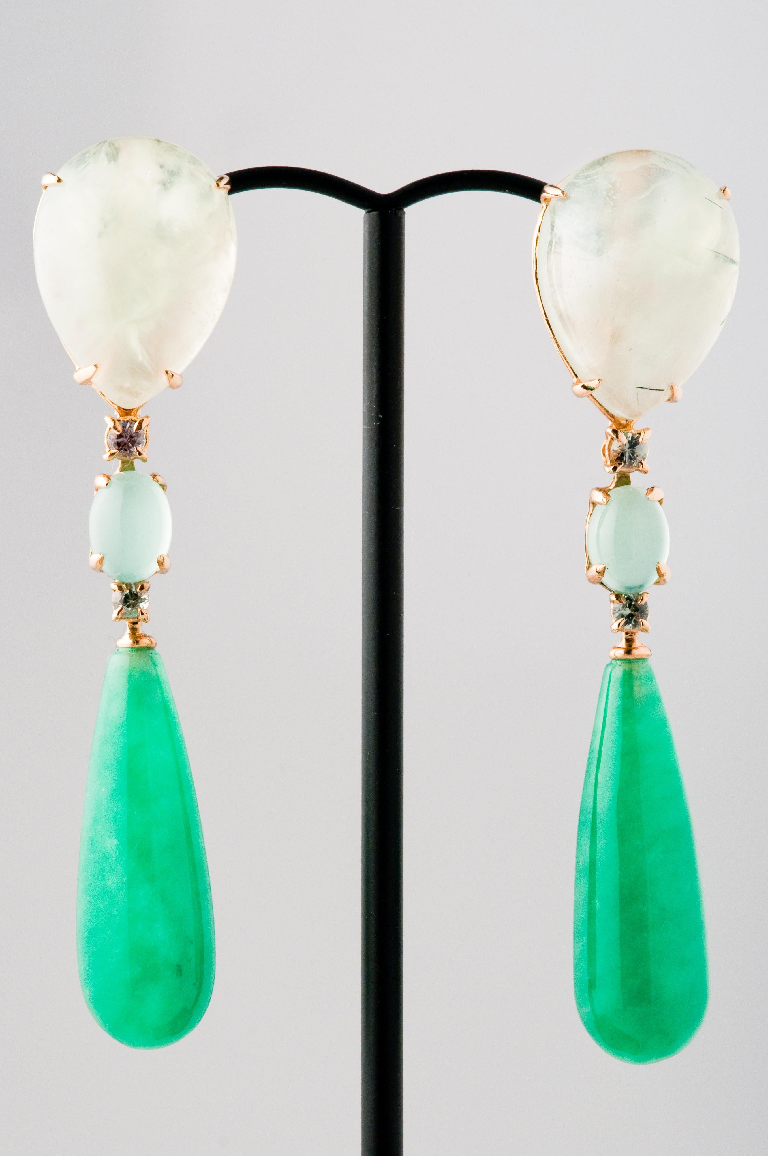 Jade and Sapphire Prinite Green Chandelier Earring with Yellow Gold 18 Carat 1