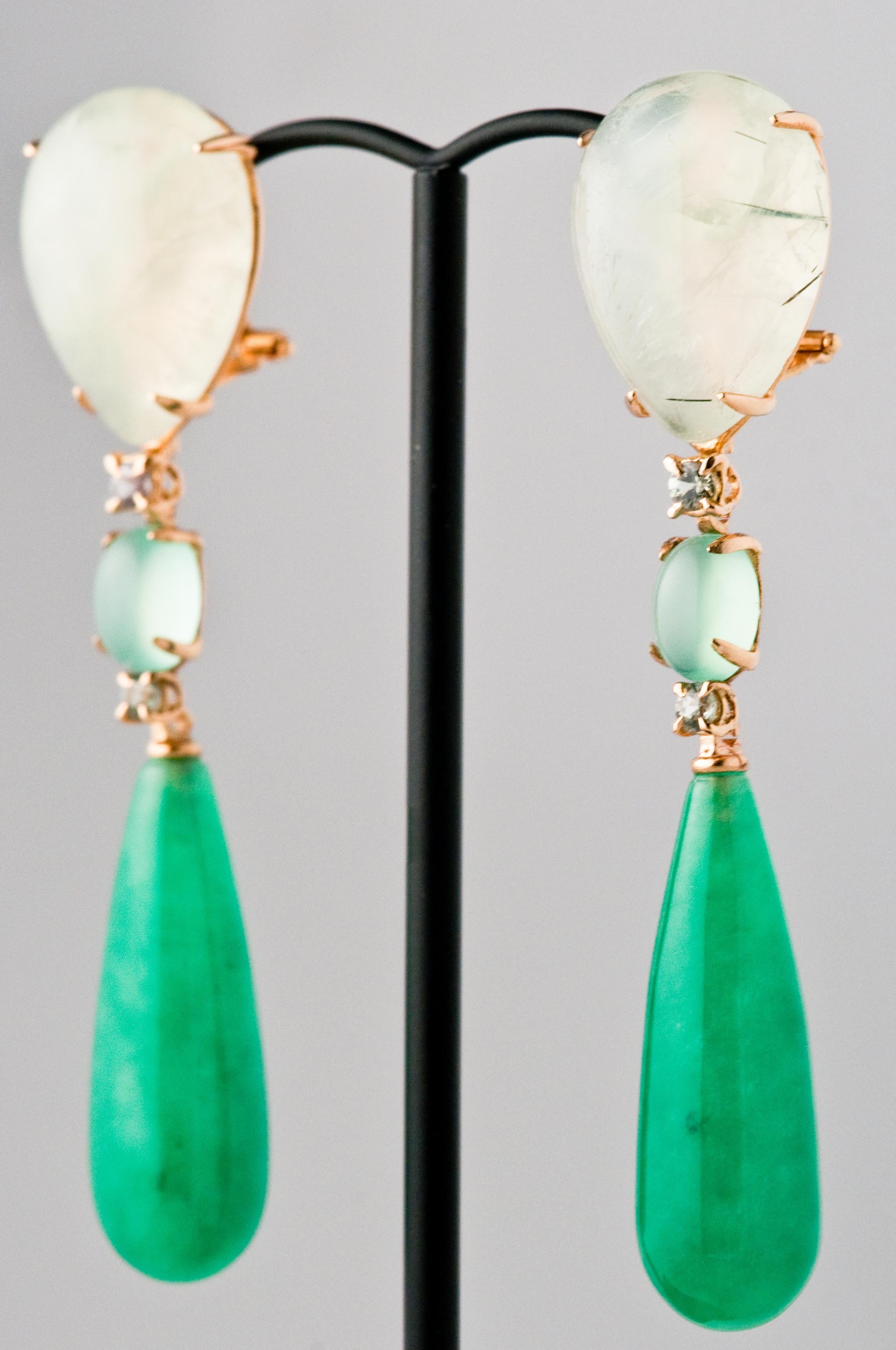 Jade and Sapphire Prinite Green Chandelier Earring with Yellow Gold 18 Carat 2