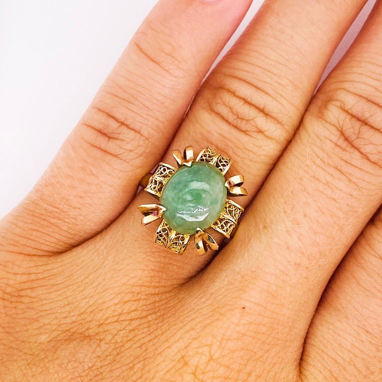 Jade Antique Ring, Jadeite Jade Ring in 14K Yellow Gold, Antique Filigree Ring For Sale at