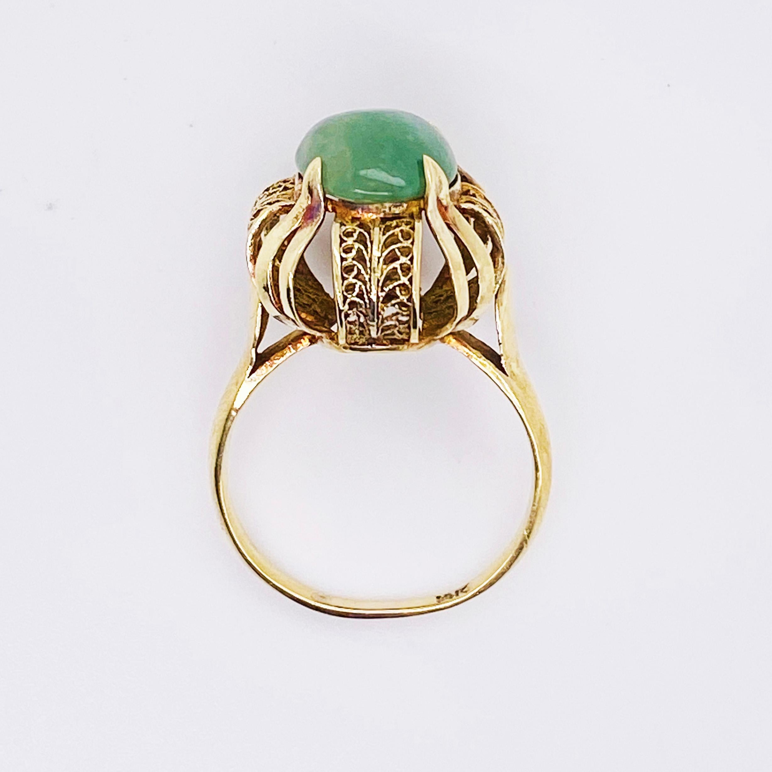 Antiker filigraner Jade-Ring, Jadeit-Jade-Ring aus 14 Karat Gelbgold (Cabochon) im Angebot