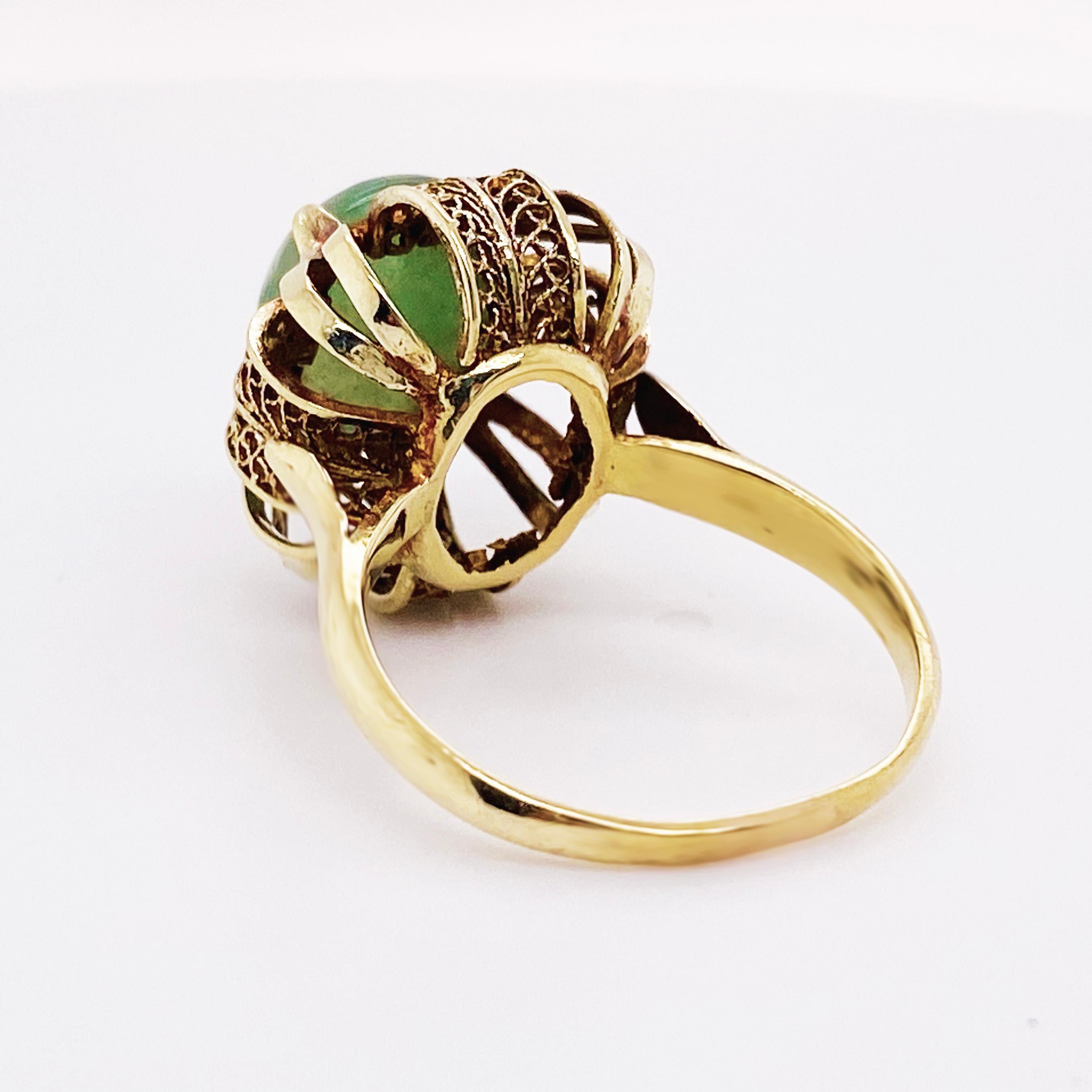 Art Nouveau Jade Antique Ring, Jadeite Jade Ring in 14K Yellow Gold, Antique Filigree Ring For Sale