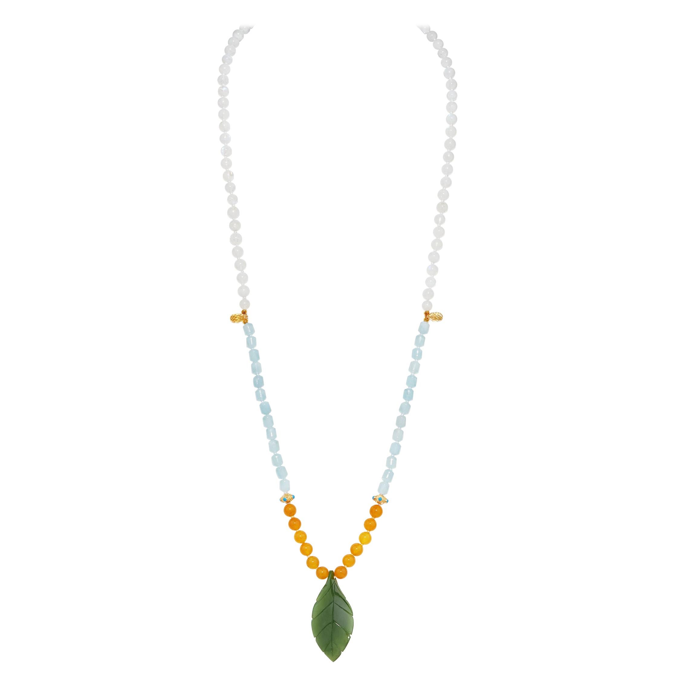 Jade, aigue-marine, pierre de lune, citrine  Mala Collier de méditation / de prière 18 carats YG