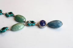 Jade Aquamarine Tanzanite Cabochon 18 Karat White Gold Diamond Necklace