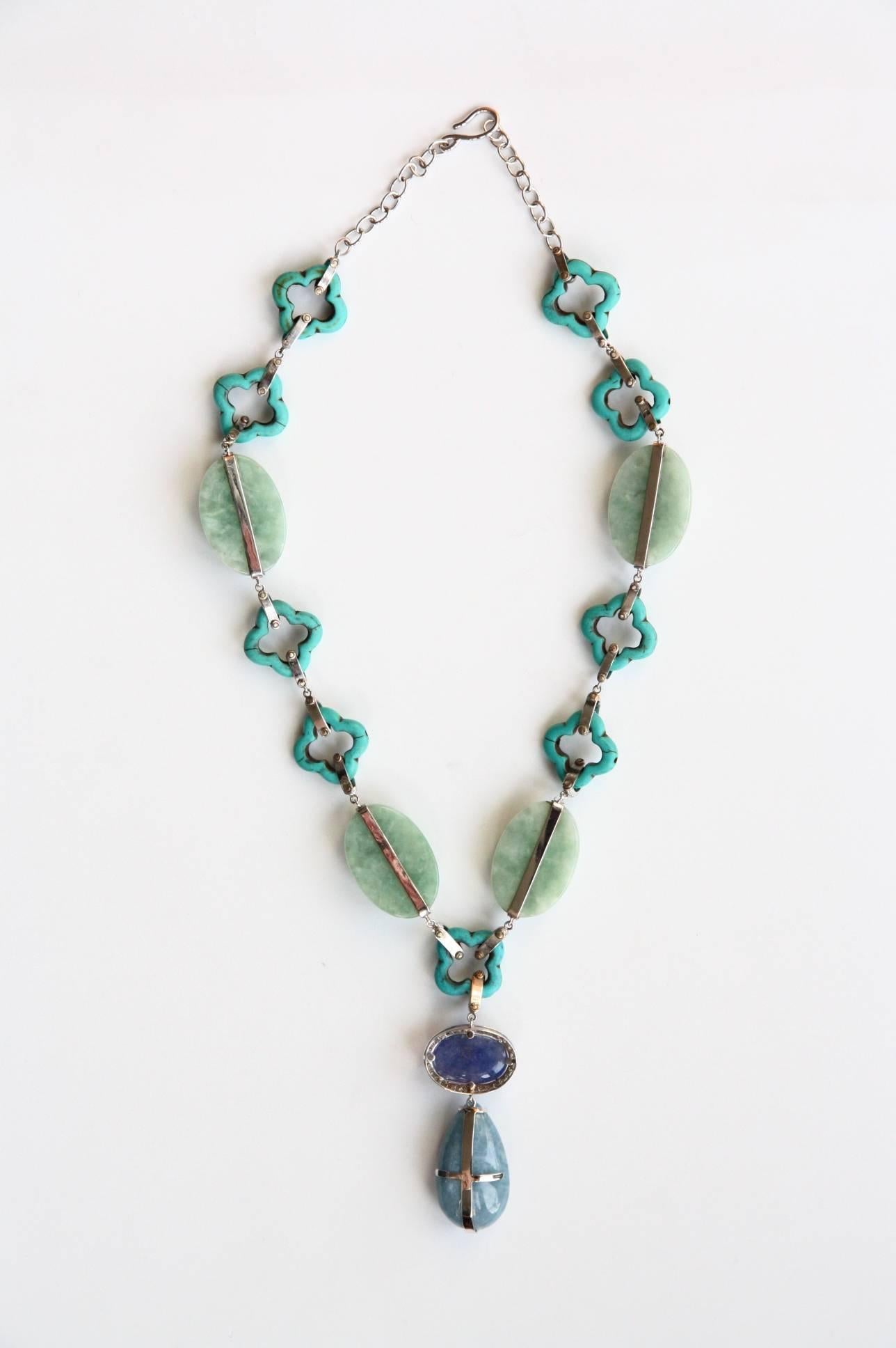 Art Deco Jade Aquamarine Tanzanite Cabochon 18 Karat White Gold Diamond Necklace For Sale