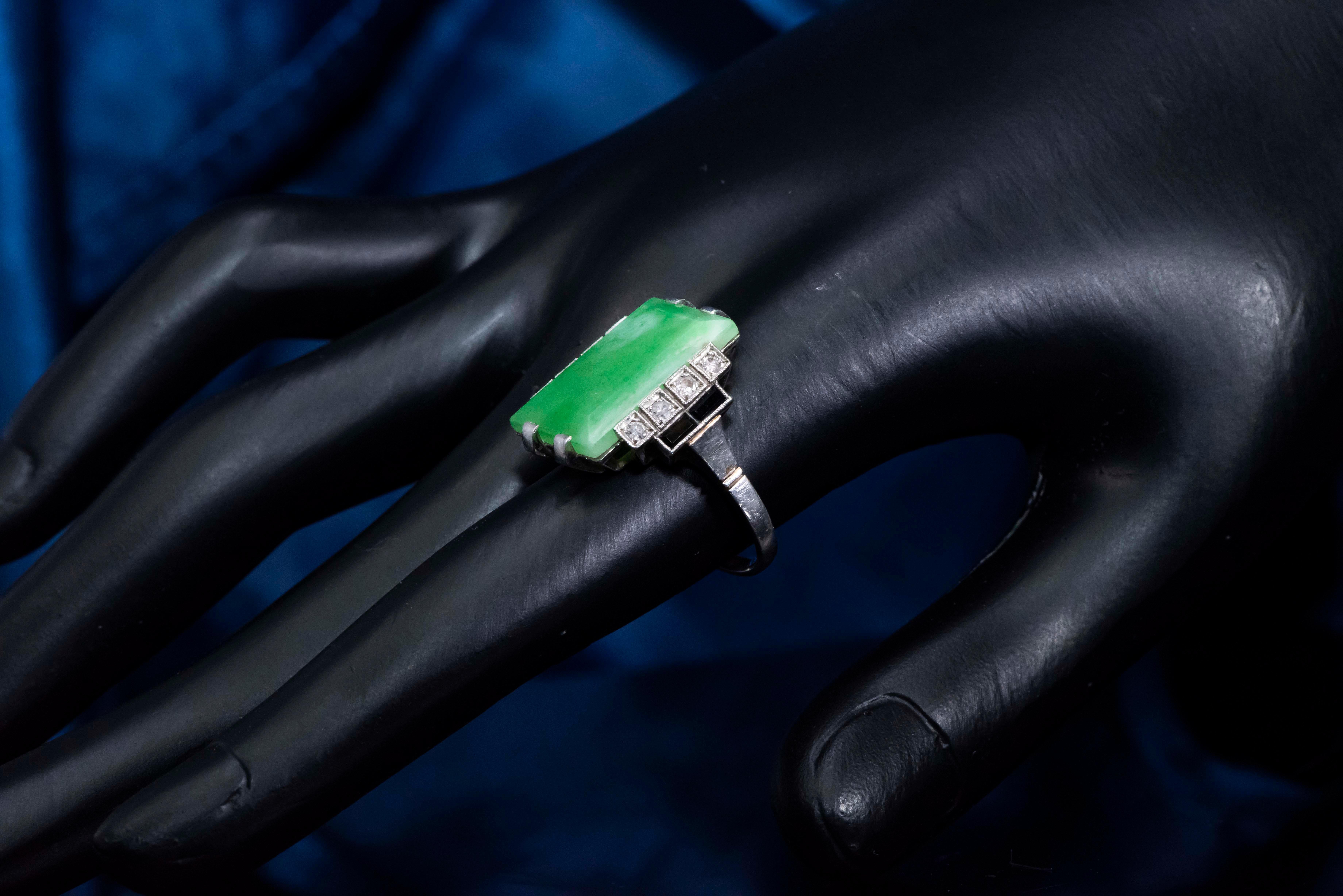 Jade Art Deco 1920s French Hallmarked Platinum Onyx Diamond Set Carat Large Ring For Sale 7