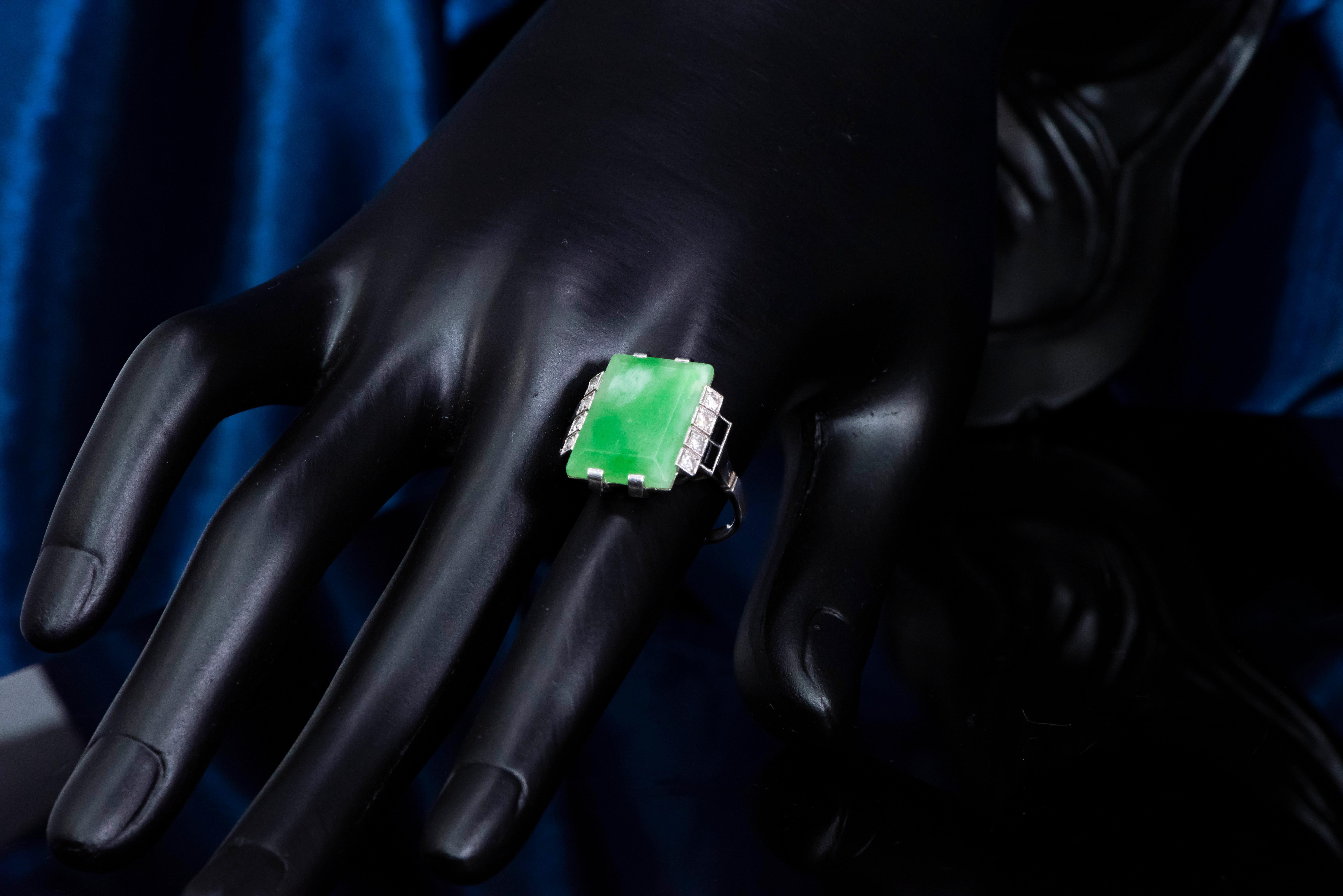 Jade Art Deco 1920s French Hallmarked Platinum Onyx Diamond Set Carat Large Ring 8