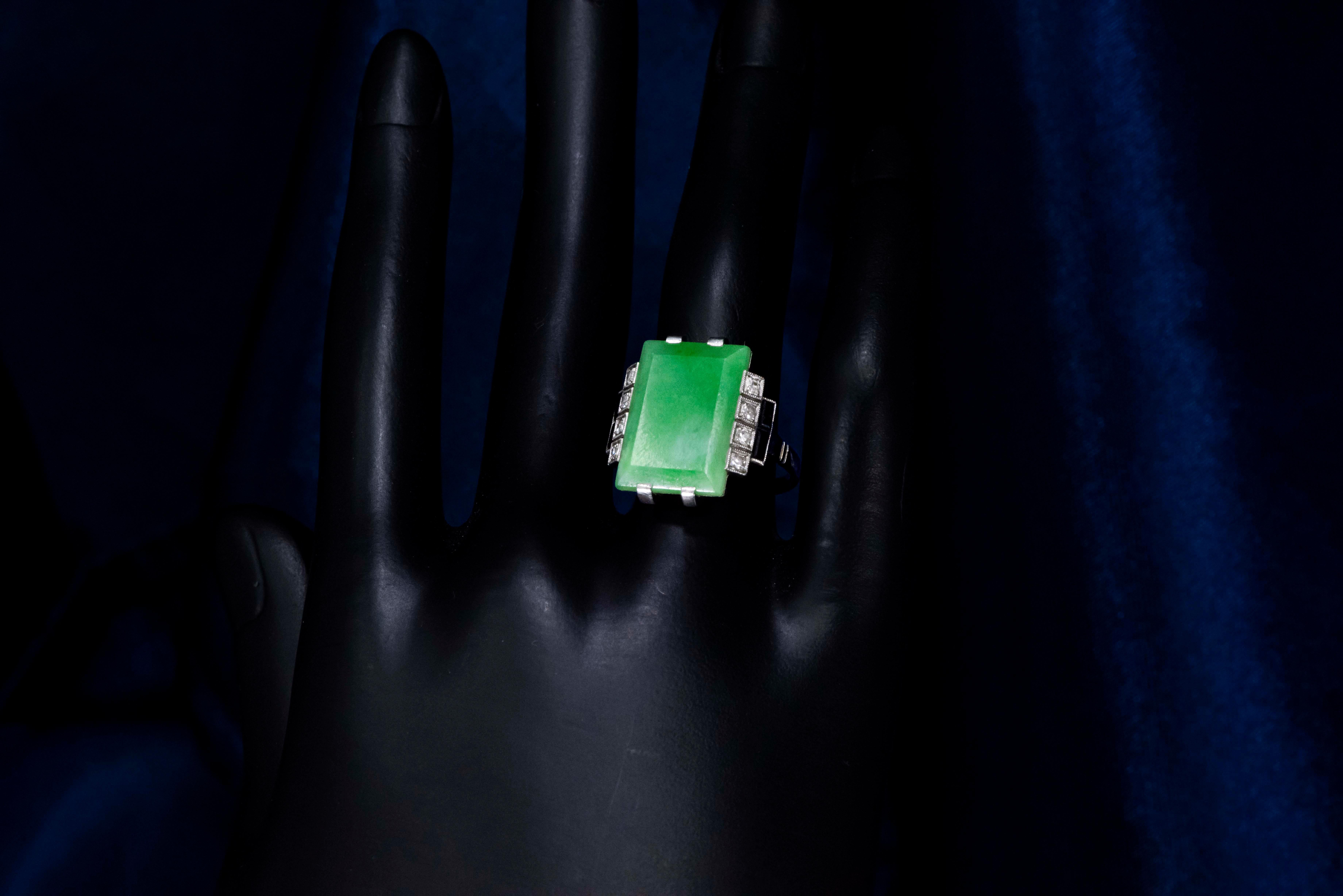Jade Art Deco 1920s French Hallmarked Platinum Onyx Diamond Set Carat Large Ring 10
