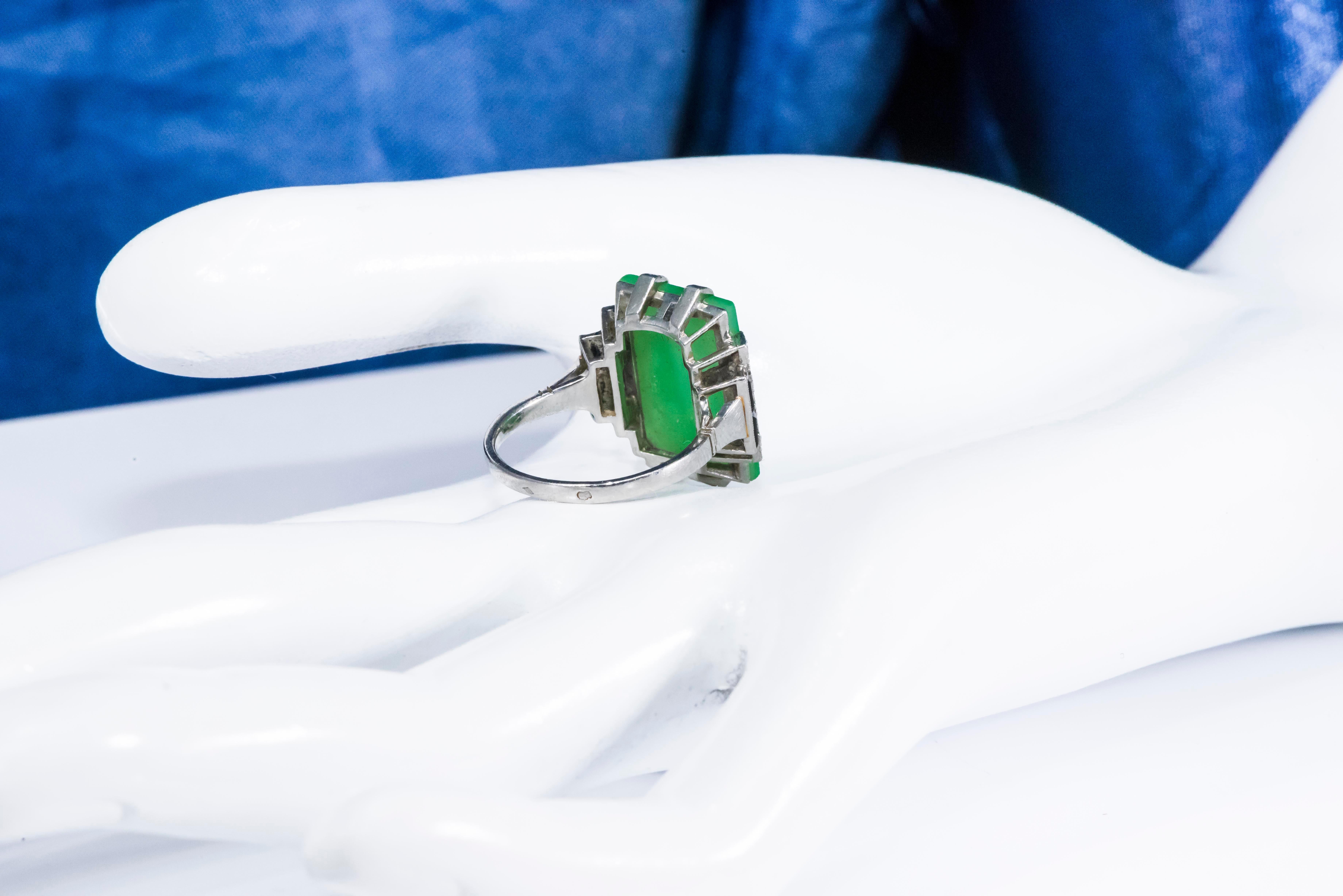 Jade Art Deco 1920s French Hallmarked Platinum Onyx Diamond Set Carat Large Ring For Sale 11