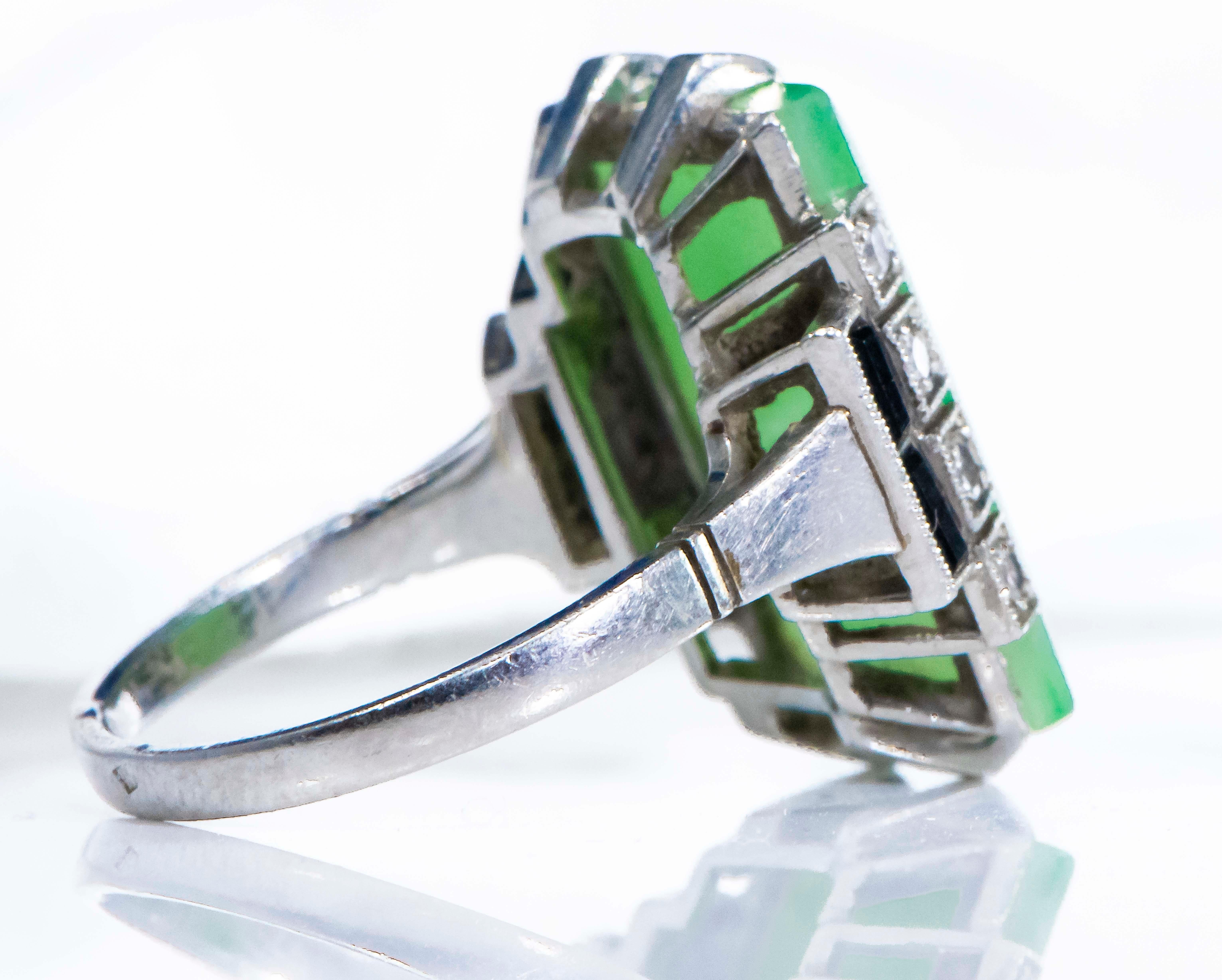Jade Art Deco 1920s French Hallmarked Platinum Onyx Diamond Set Carat Large Ring 13