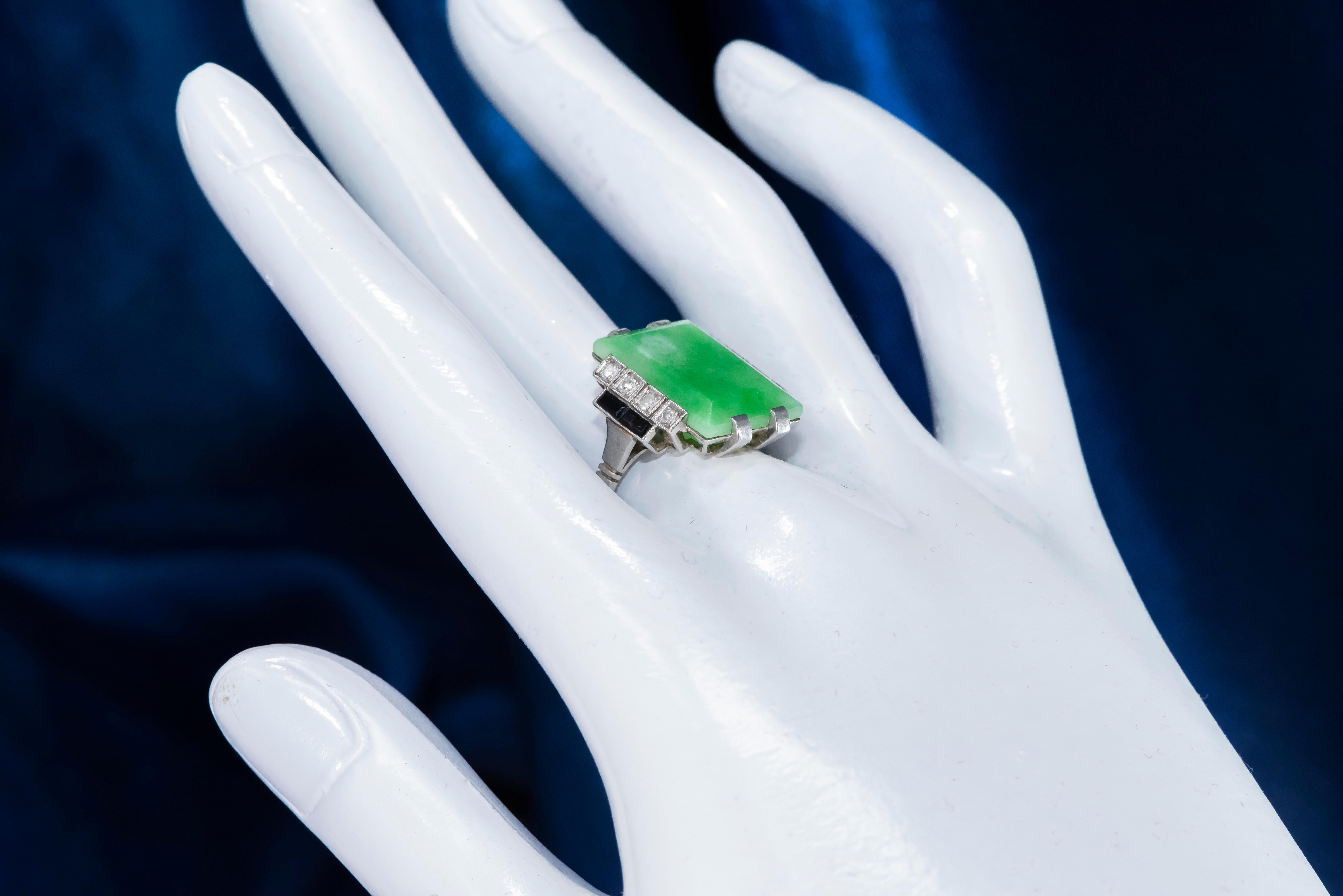 Jade Art Deco 1920s French Hallmarked Platinum Onyx Diamond Set Carat Large Ring For Sale 12