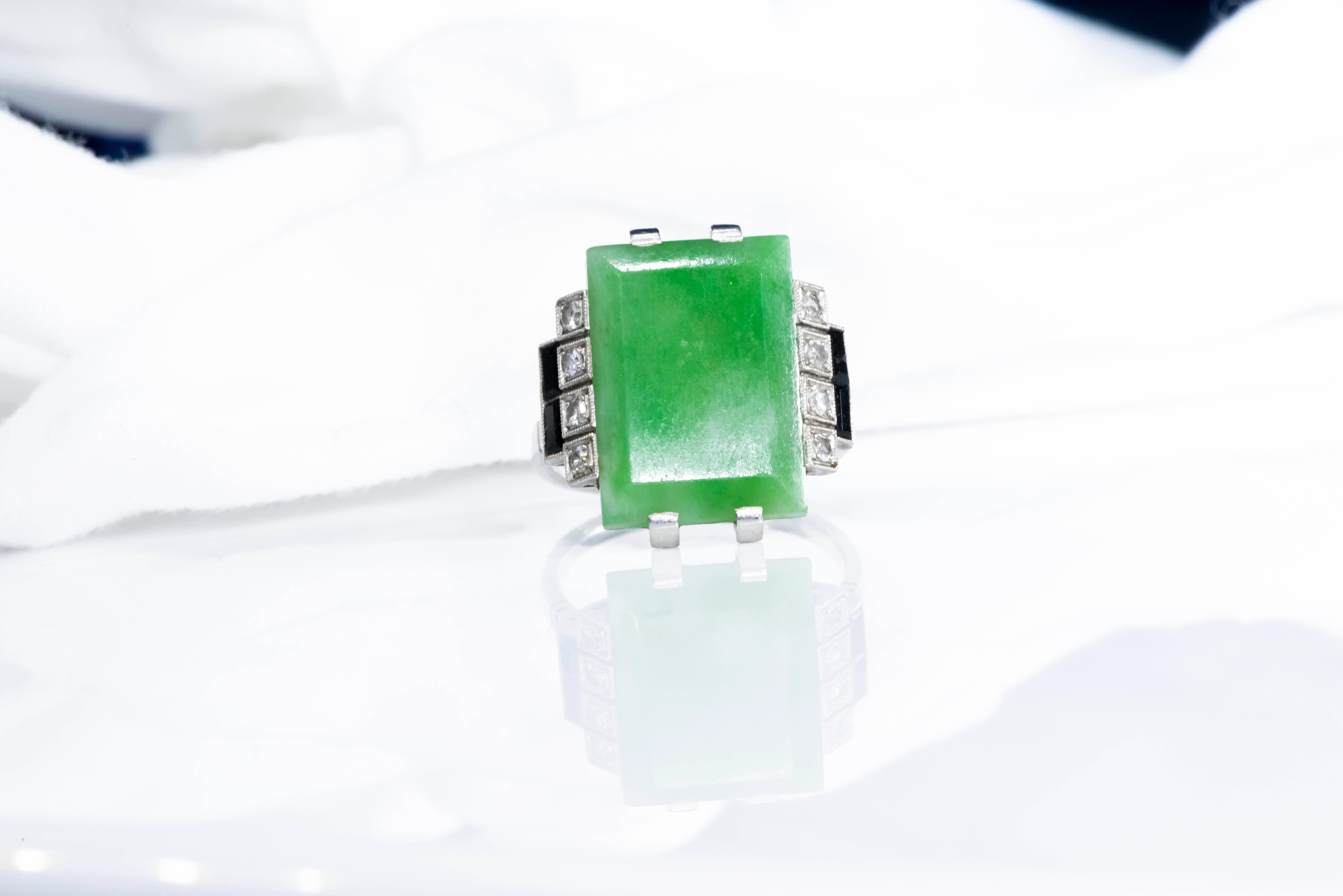 Jade Art Deco 1920s French Hallmarked Platinum Onyx Diamond Set Carat Large Ring For Sale 14