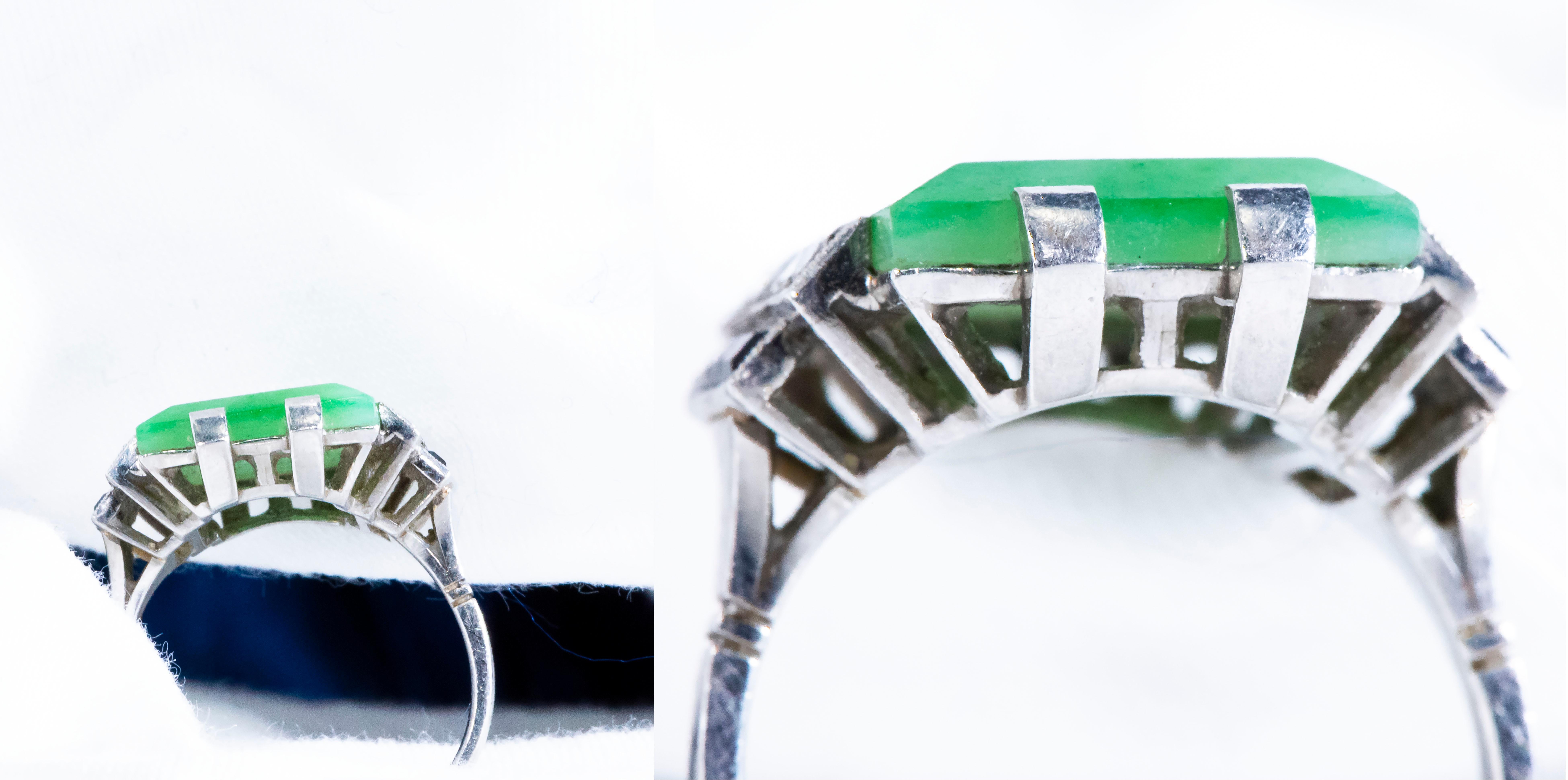 Emerald Cut Jade Art Deco 1920s French Hallmarked Platinum Onyx Diamond Set Carat Large Ring For Sale