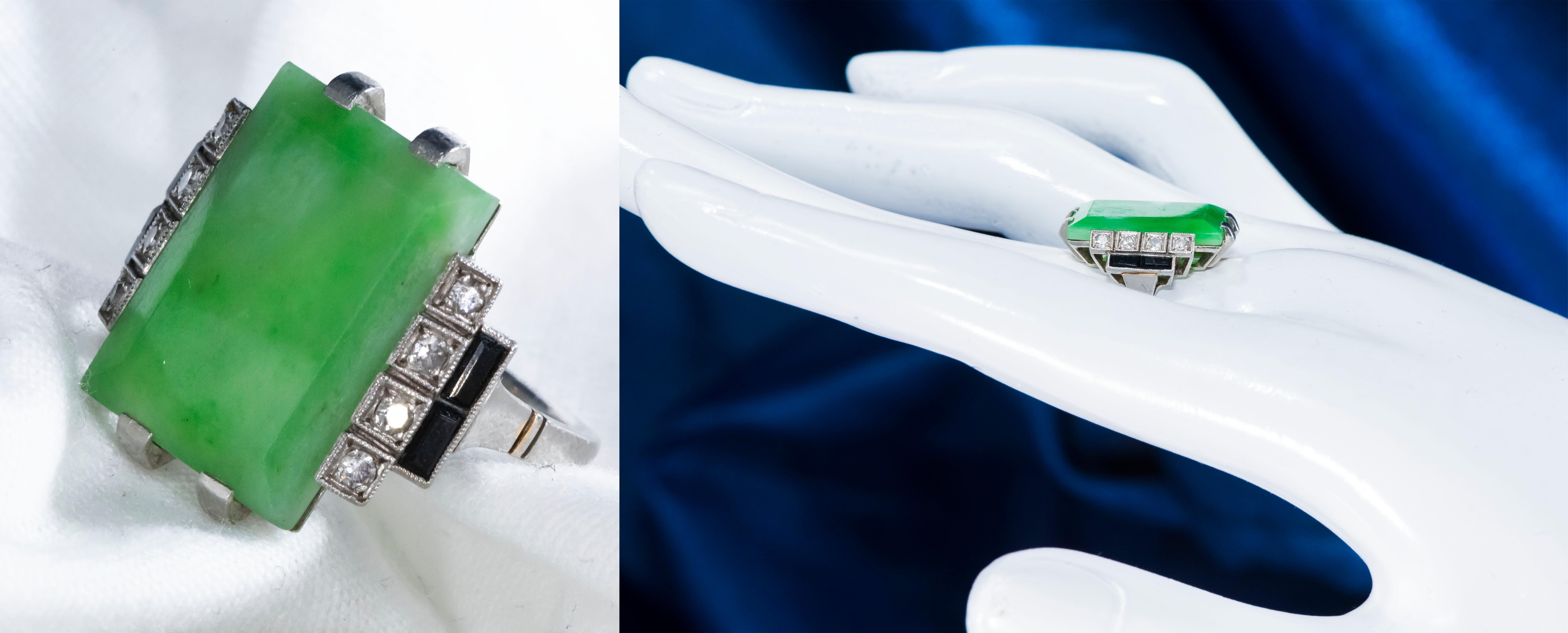 Jade Art Deco 1920s French Hallmarked Platinum Onyx Diamond Set Carat Large Ring For Sale 2