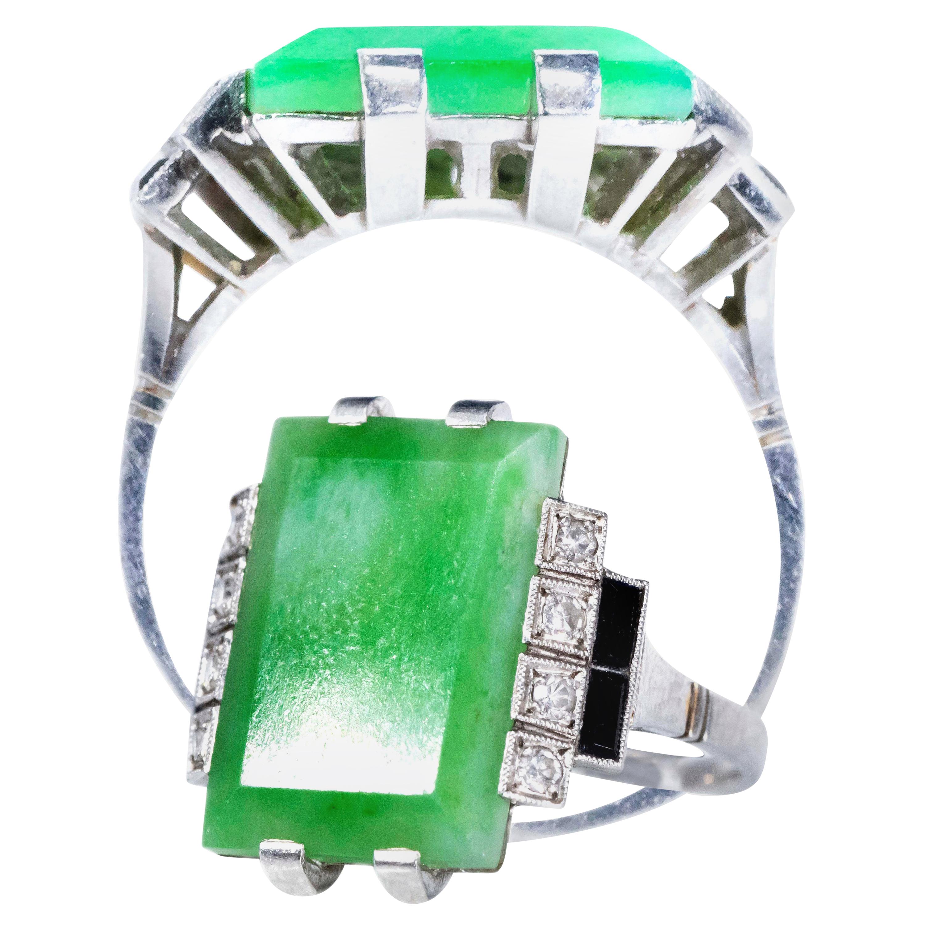 Jade Art Deco 1920s French Hallmarked Platinum Onyx Diamond Set Carat Large Ring For Sale