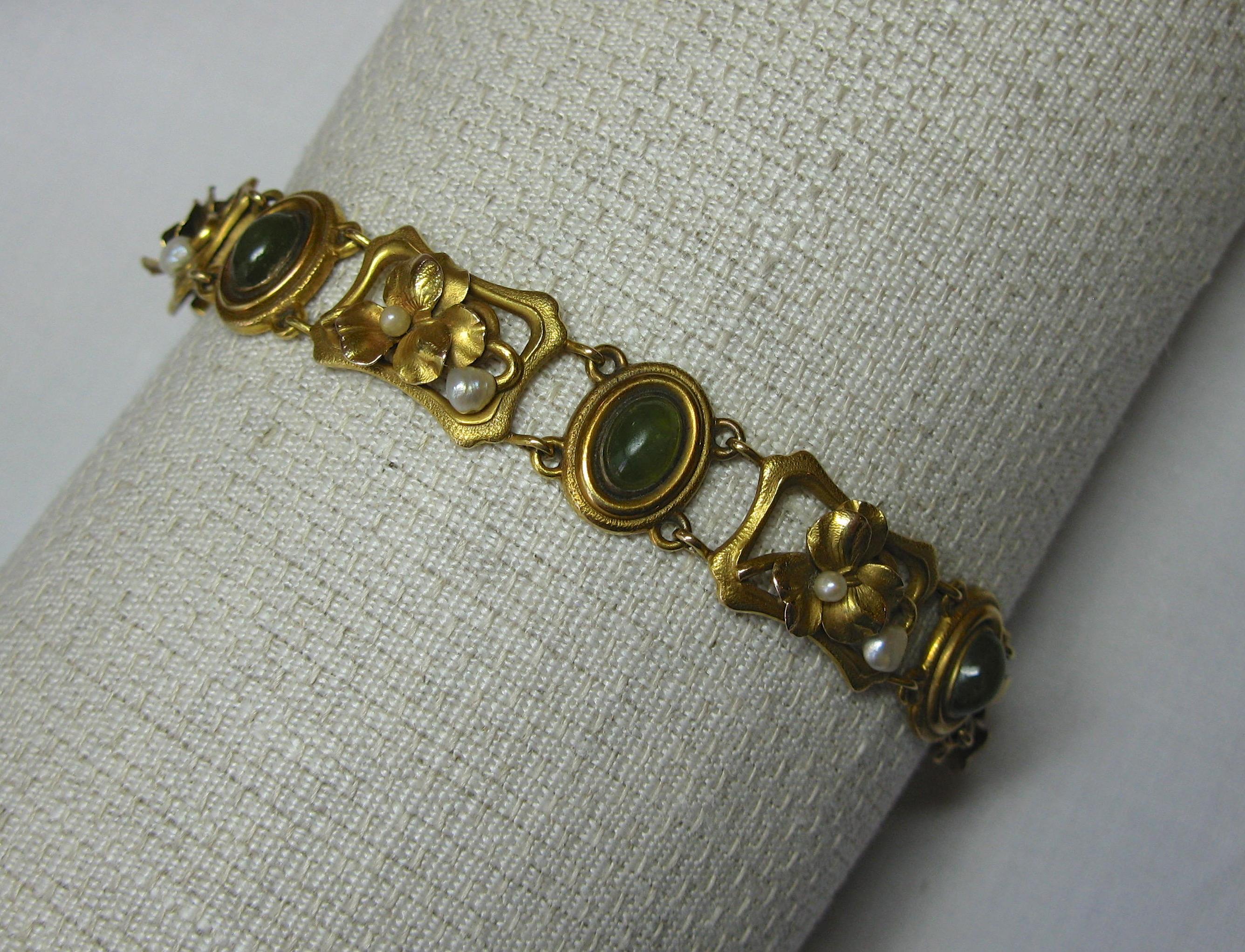 Jade Art Nouveau Pansy Flower Bracelet 14 Karat Gold Pearl Antique For Sale 6