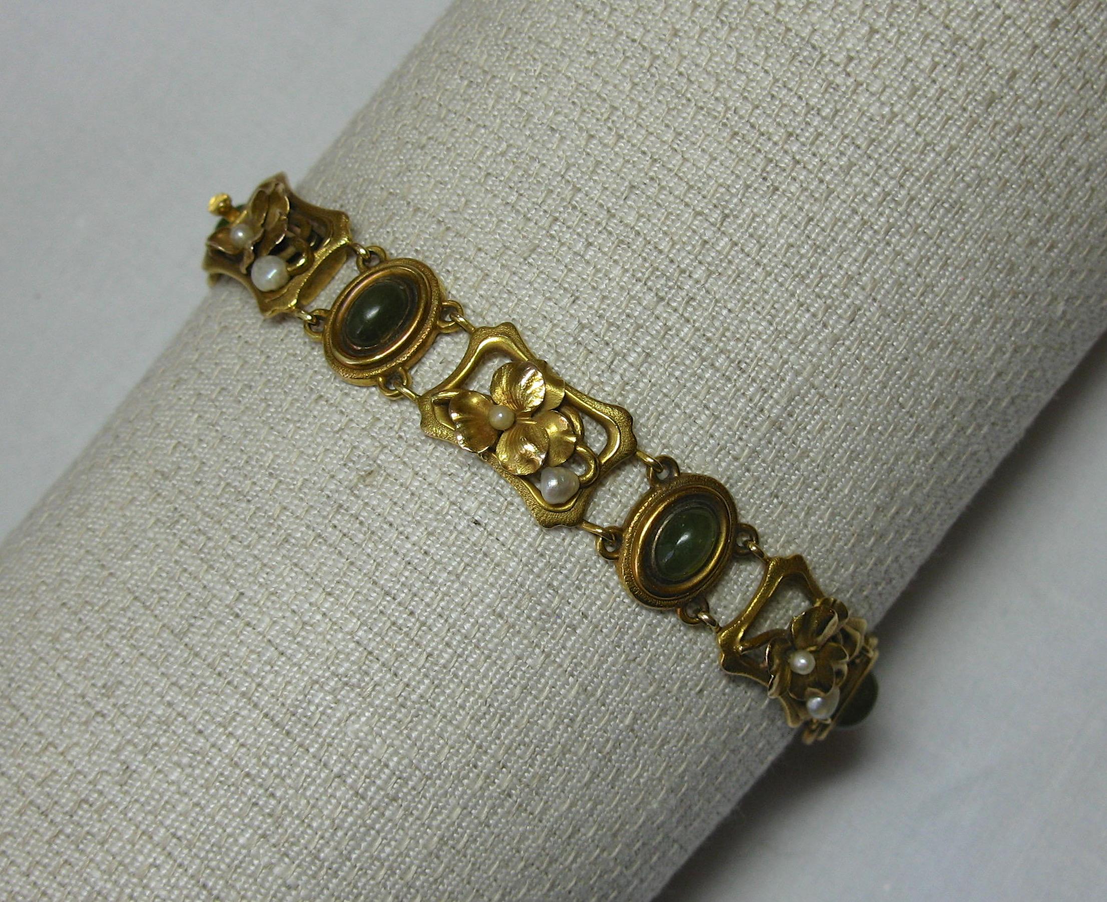 Jade Art Nouveau Pansy Flower Bracelet 14 Karat Gold Pearl Antique For Sale 7