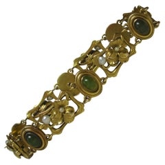 Jade Art Nouveau Pansy Flower Bracelet 14 Karat Gold Pearl Antique