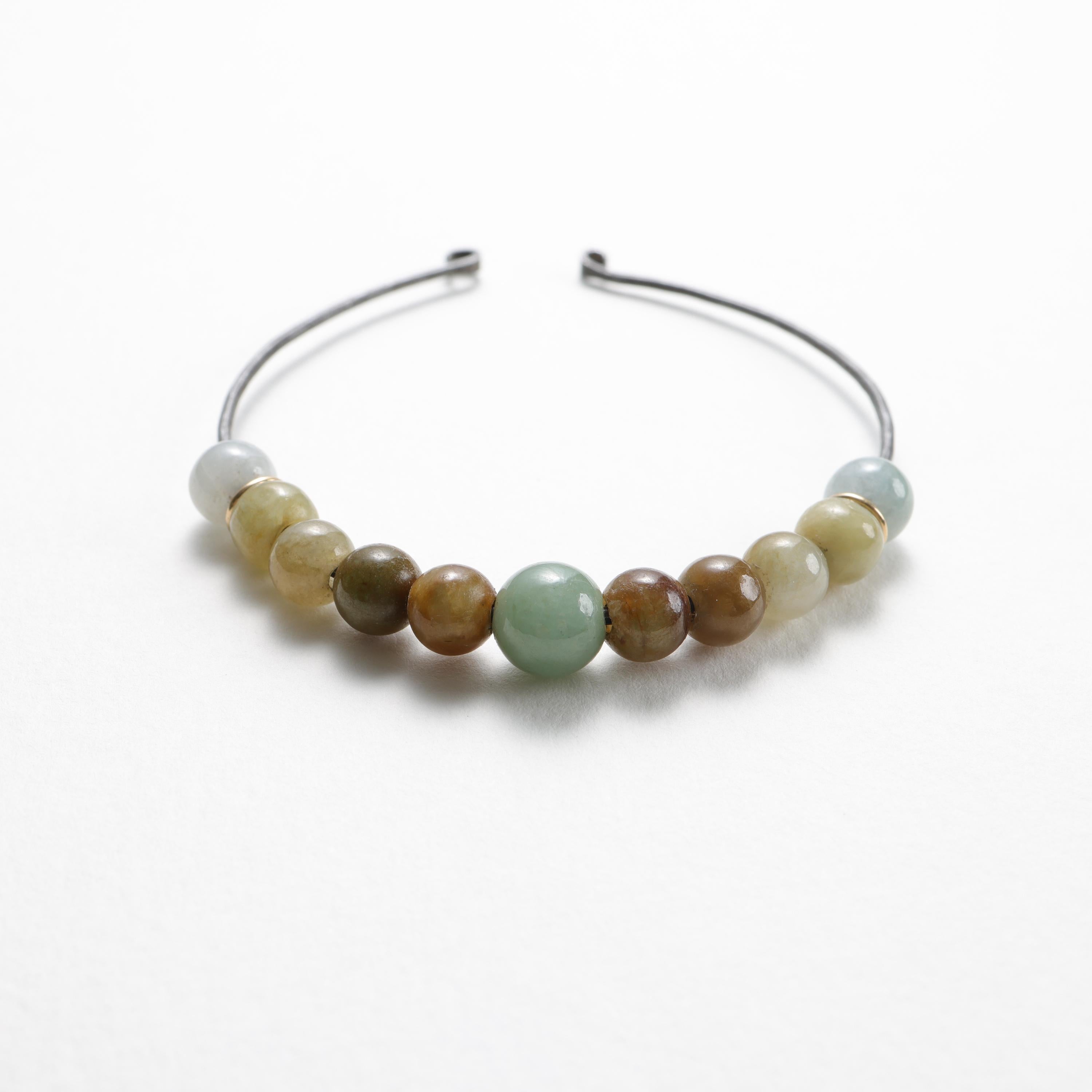 Artisan Jade Bangle 18K Gold & Ohio Steel, Hand Forged, 65mm For Sale