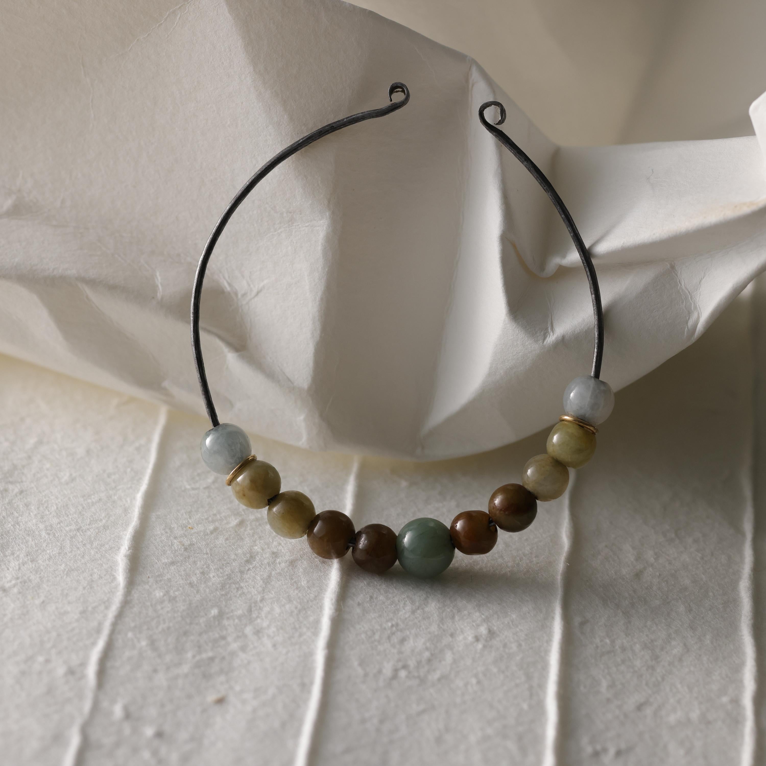 Women's or Men's Jade Bangle 18K Gold & Ohio Steel, Hand Forged, 65mm For Sale