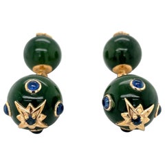 Jade Perlen Manschettenknöpfe mit blauen Saphir Cabochons in 14KT Gelbgold