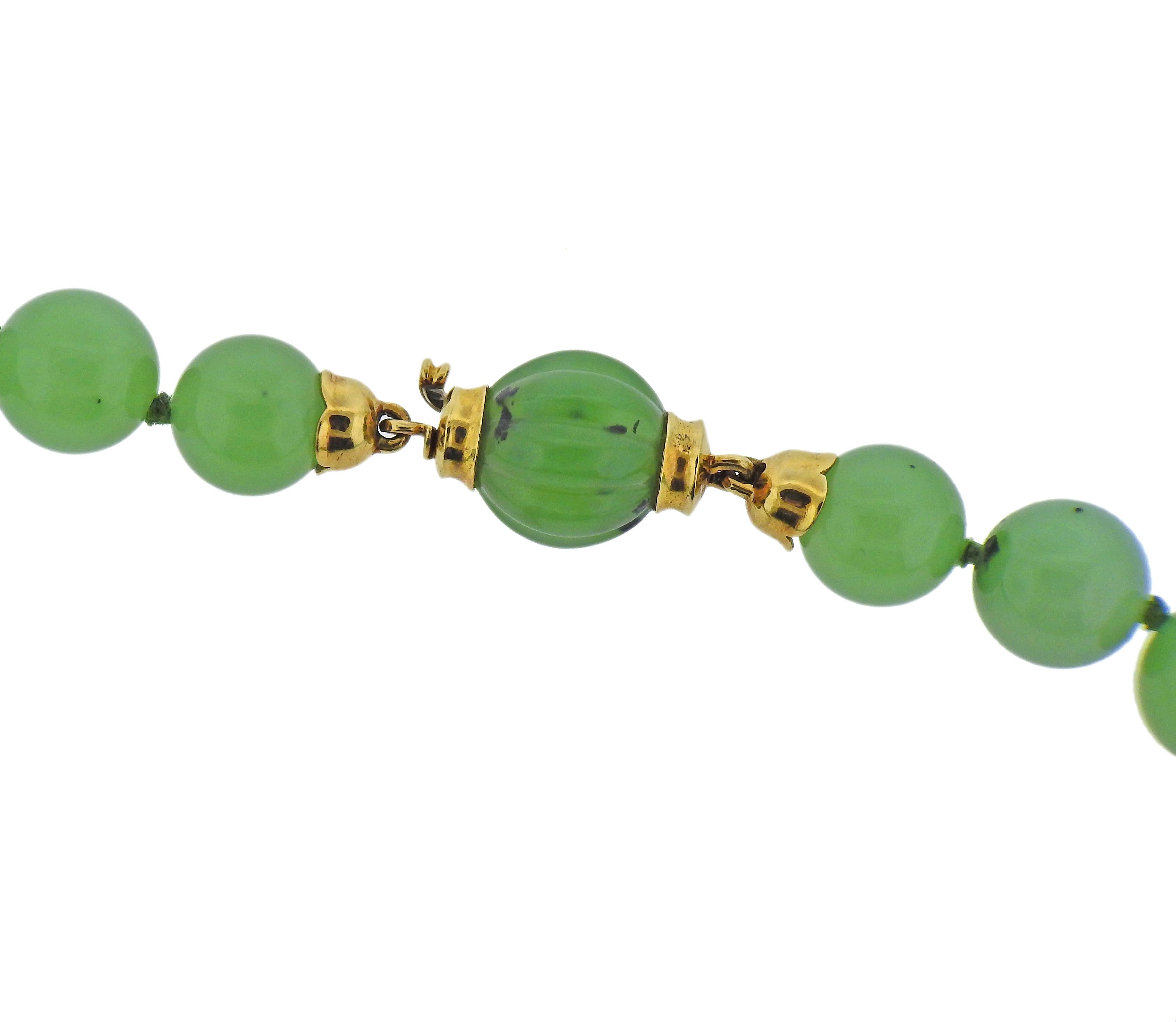 18k gold clasp necklace with 10.5-11mm jade beads. Necklace is 23