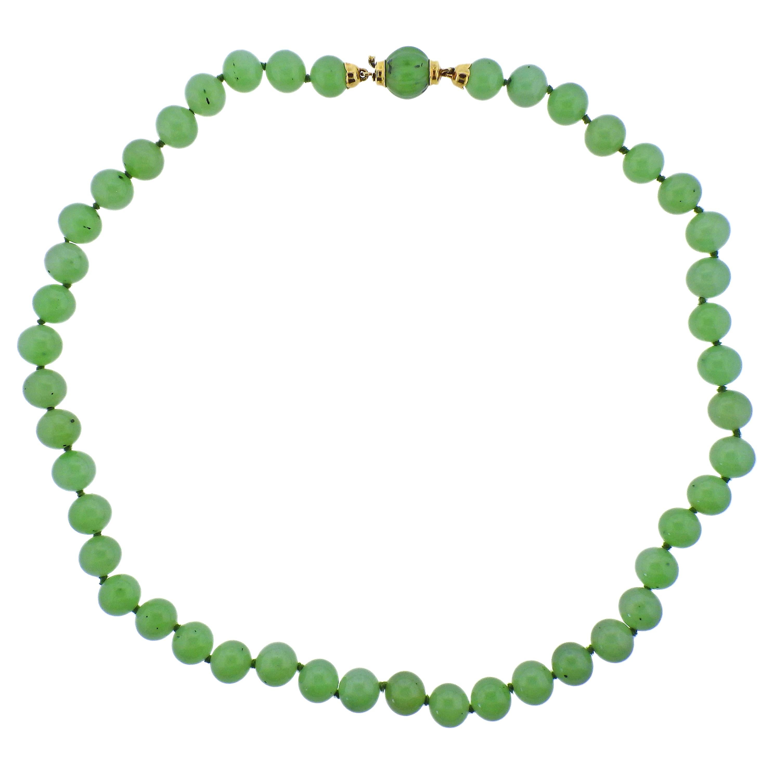 Jade Bead Gold Necklace For Sale