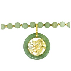 Jade Bead Necklace and Jade and Pearl 14 Karat Gold Dragon Pendant Enhancer