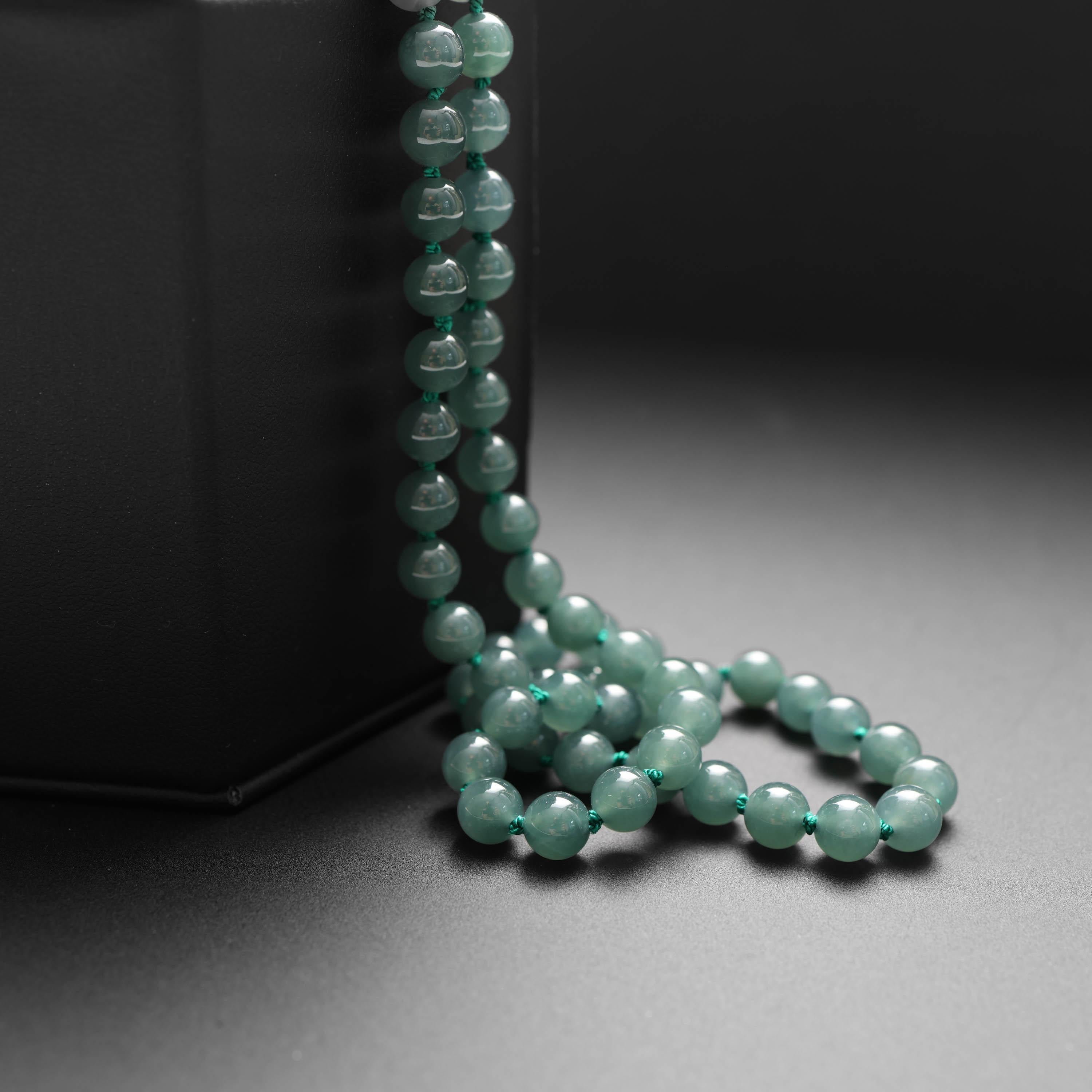 Artisan Jade Bead Necklace Translucent Bluish Green Certified For Sale