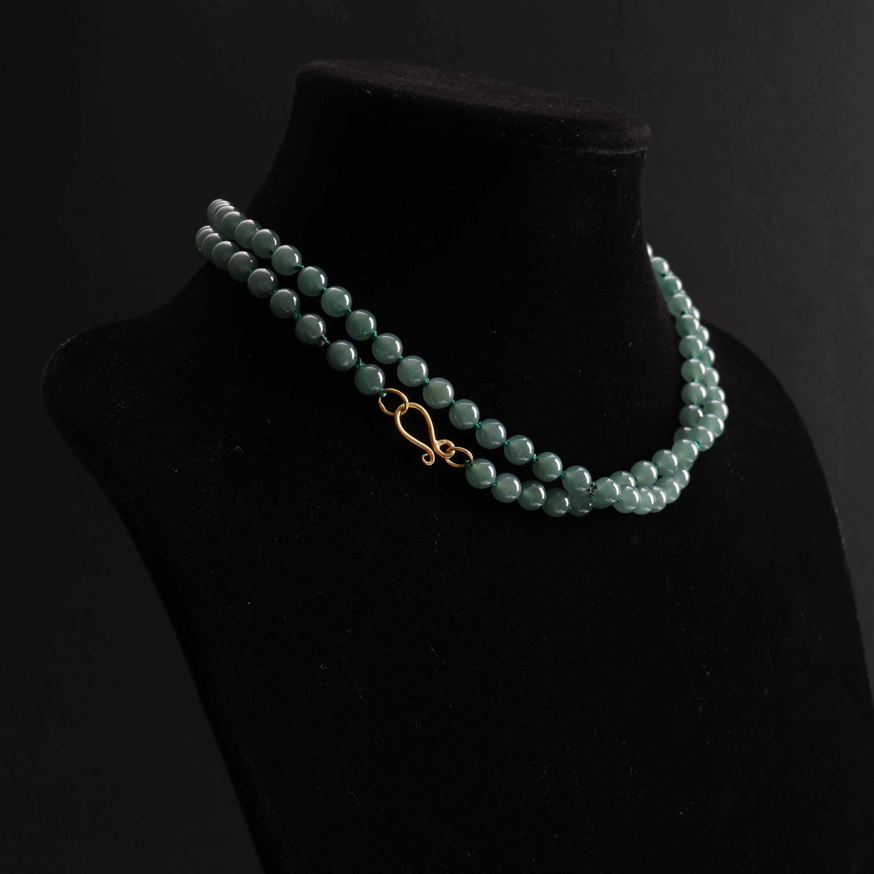 Jade Bead Necklace Translucent Bluish Green Certified For Sale 2