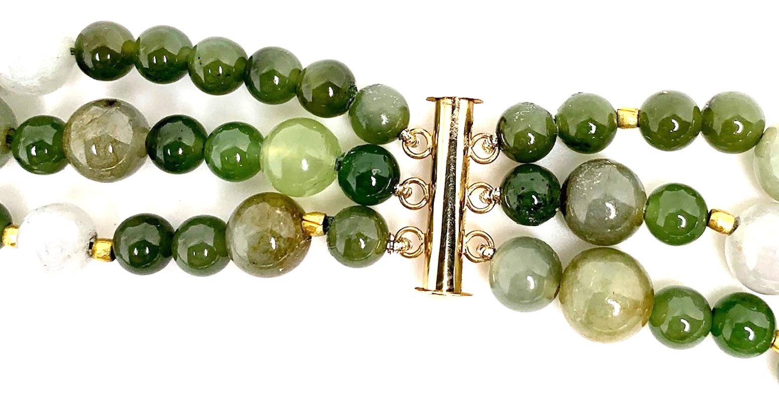 Artisan 3-Strand Multi-Colored Jade Beaded Necklace with 18k and 22k Yellow Gold Accents For Sale