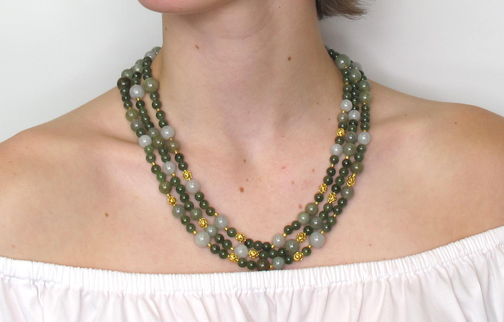 3-Strand Multi-Colored Jade Beaded Necklace with 18k and 22k Yellow Gold Accents For Sale 1