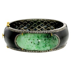 Jade Black Enamel Bangle in Silver with Diamonds