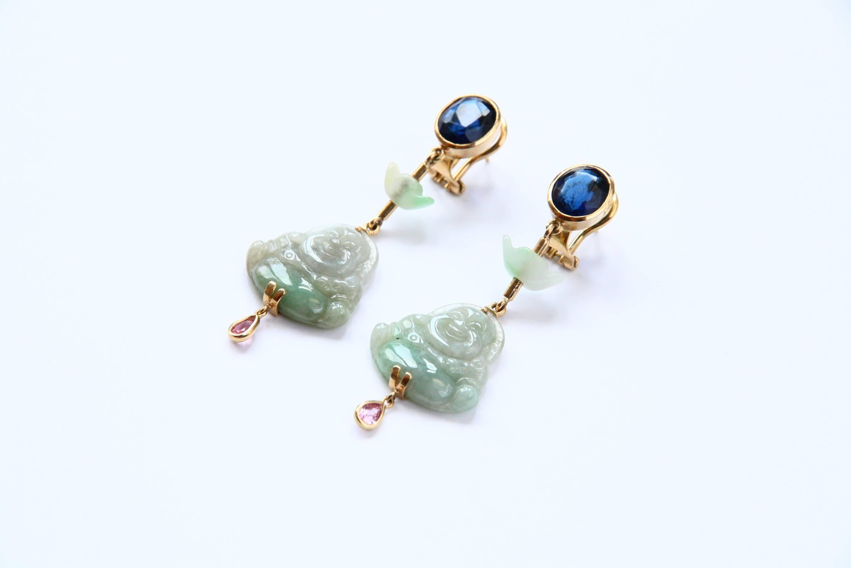 Amazing antiques jade representing carved buddha, 2 very hight quality blu sapphire cts 3,60 and 2 pink cabochon  tourmaline  drops 18kt gold gr.14, total length 6cm.
All Giulia Colussi jewelry is new and has never been previously owned or worn.