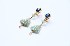 Jade Blu Sapphire Tormaline 18 Karat Gold Buddha Earrings