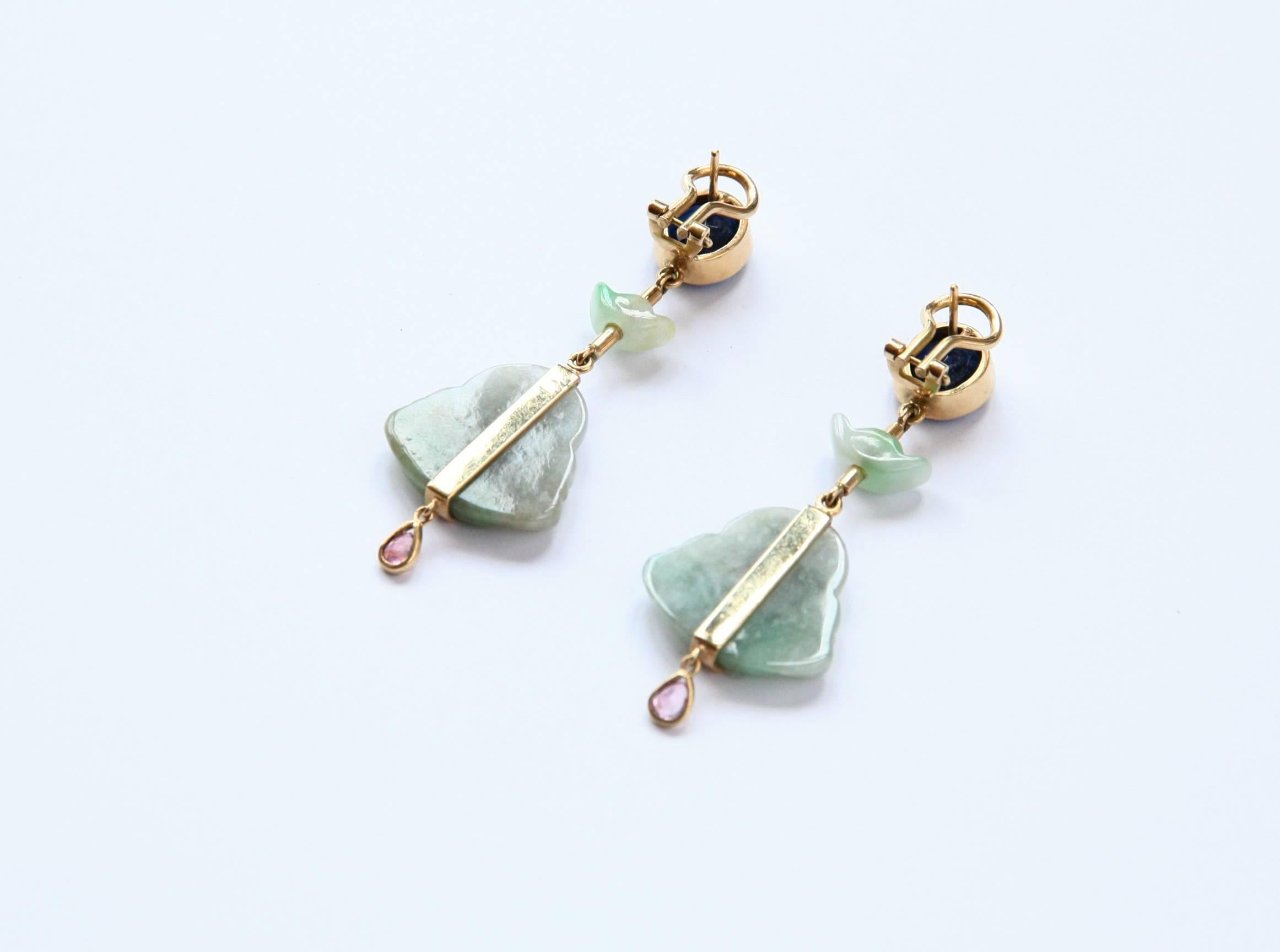 Artisan Jade Blu Sapphire Tormaline 18 Karat Gold Buddha Earrings For Sale