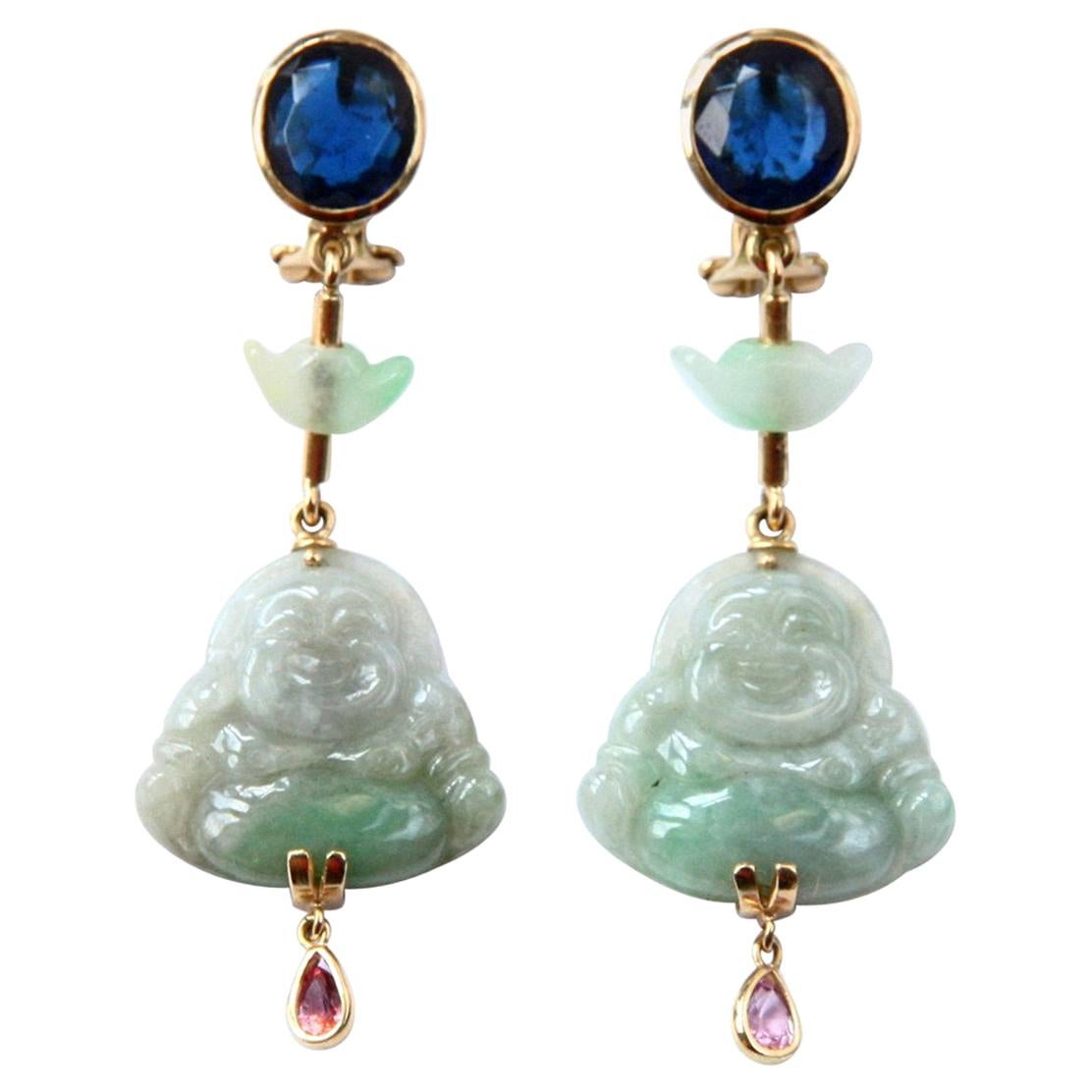 Jade Blu Sapphire Tormaline 18 Karat Gold Buddha Earrings For Sale